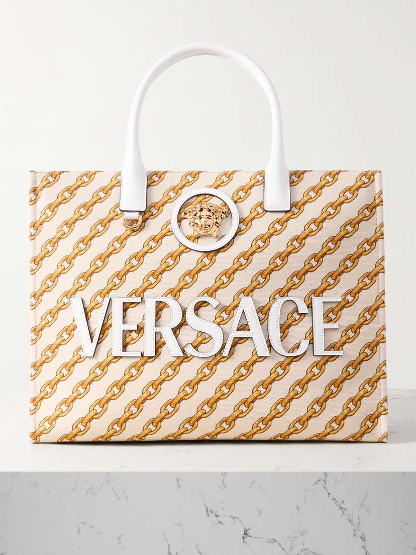Versace Appliquéd Printed Leather-trimmed Cotton-canvas Tote Bag