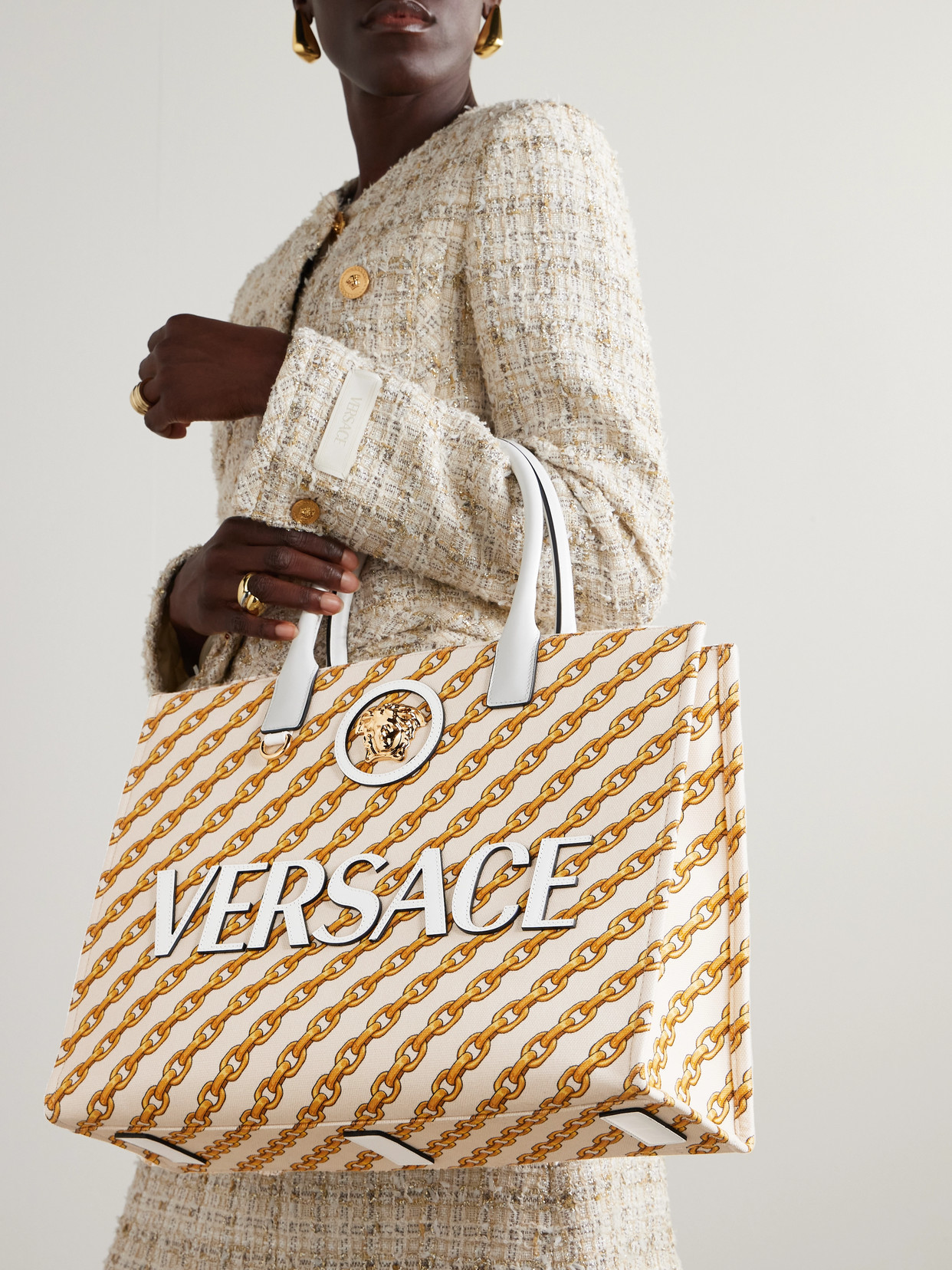 Versace Appliquéd Printed Leather-trimmed Cotton-canvas Tote Bag In Yellow