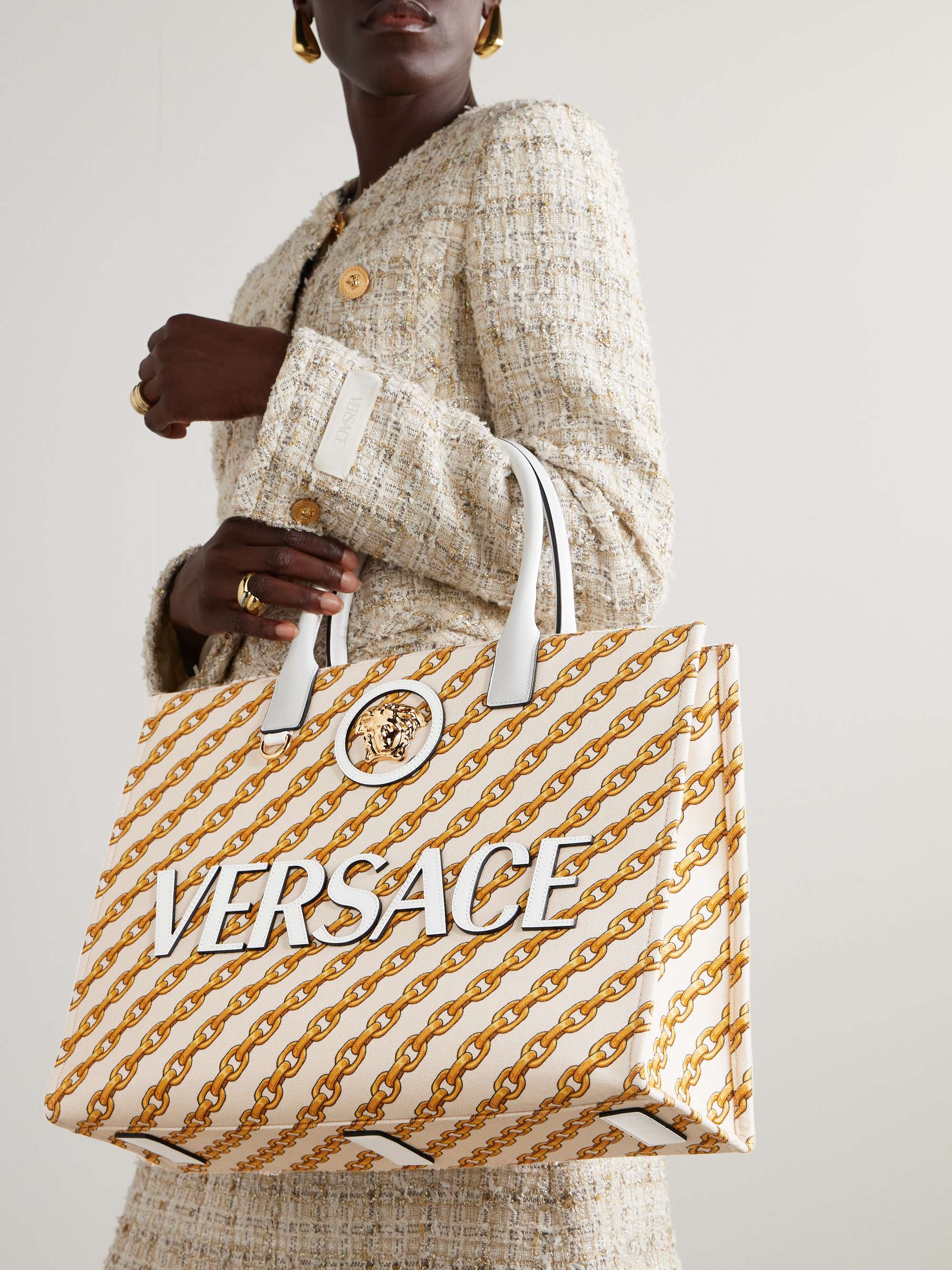 Versace logo print Tote Bag Women Cotton Cotton Calf Leather One Size