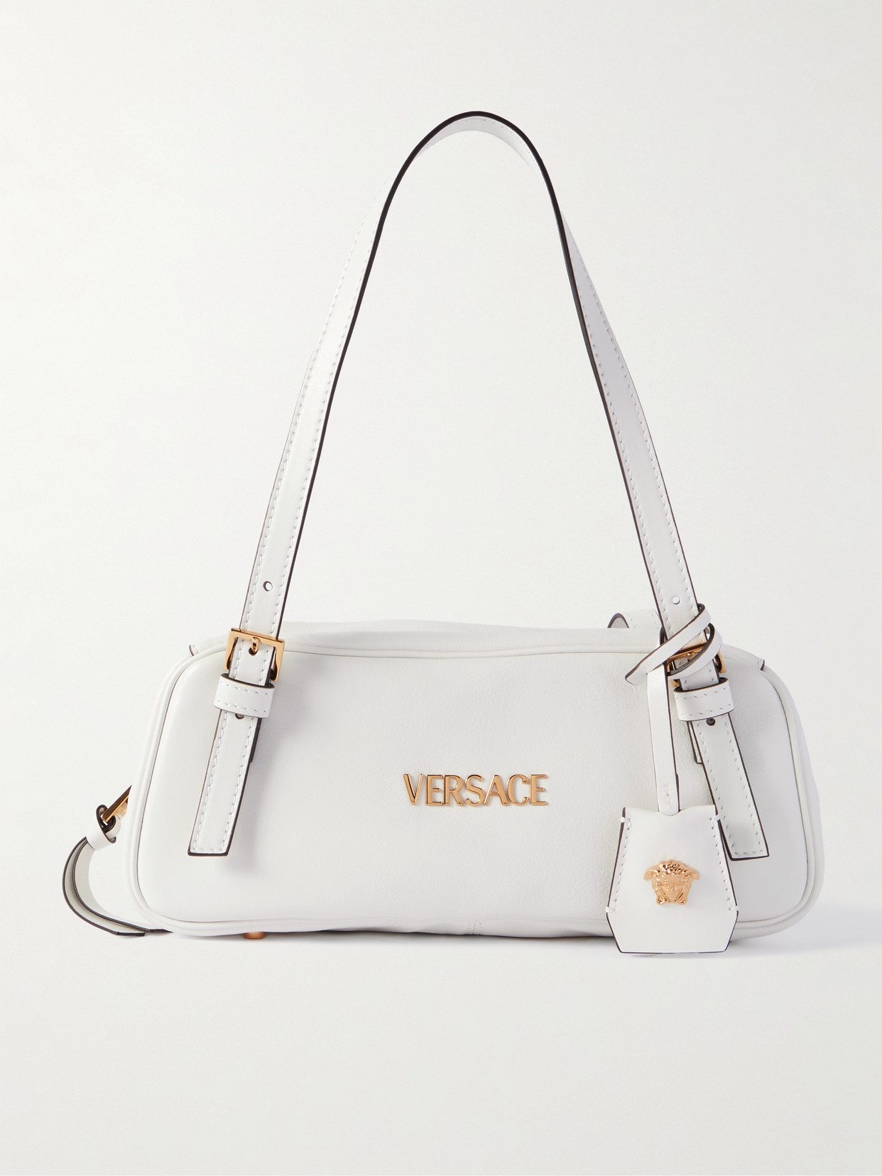 Versace Embellished Leather Shoulder Bag In White