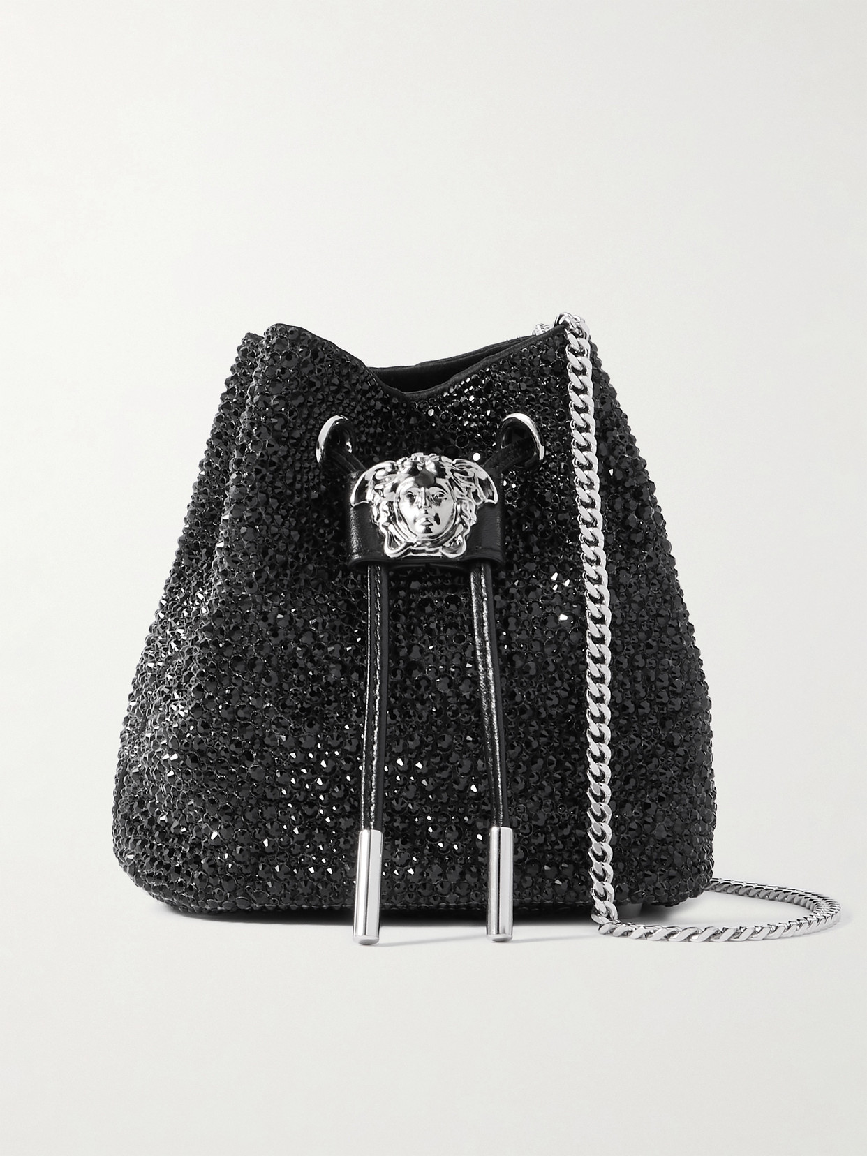 Versace Crystal-embellished Faux Fur And Satin Bucket Bag In Black