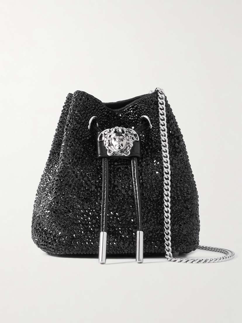 Versace Crystal-embellished Faux Fur And Satin Bucket Bag