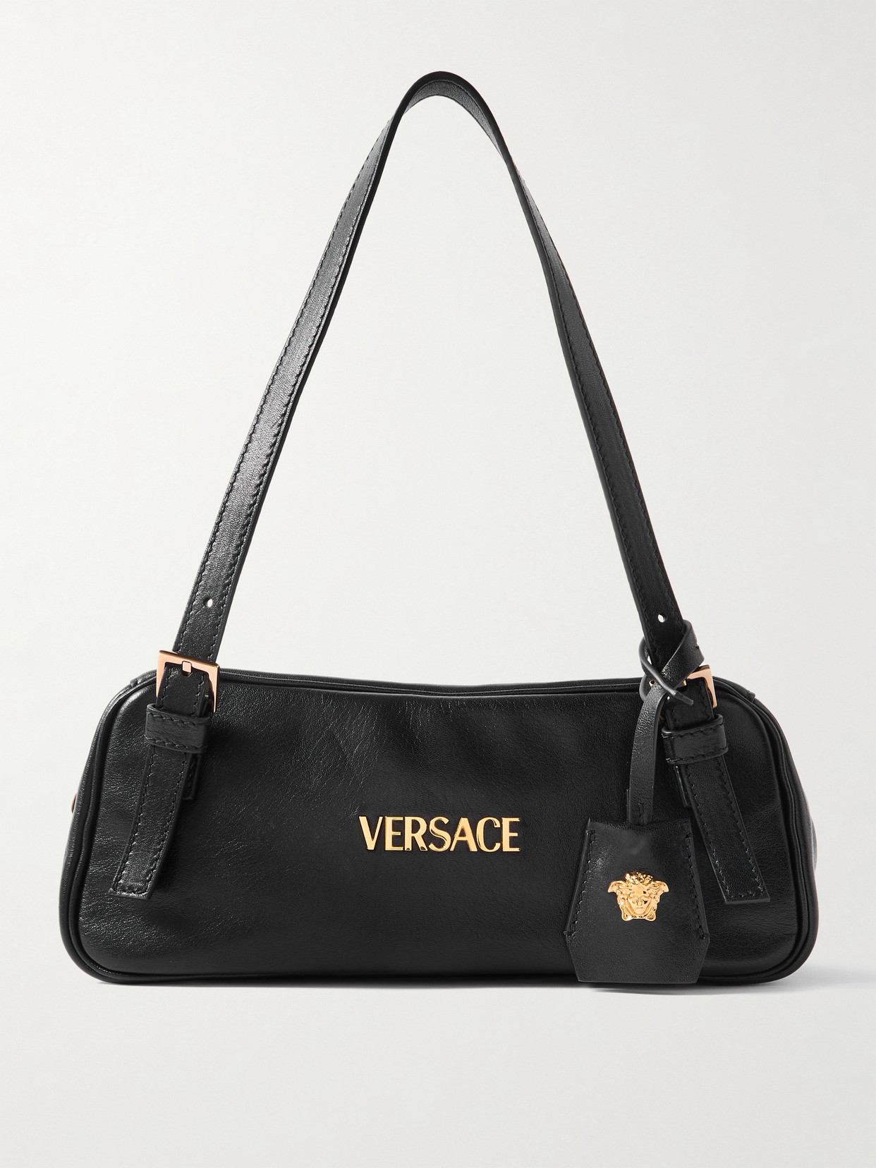 Versace - Tag Embellished Leather Shoulder Bag - Black