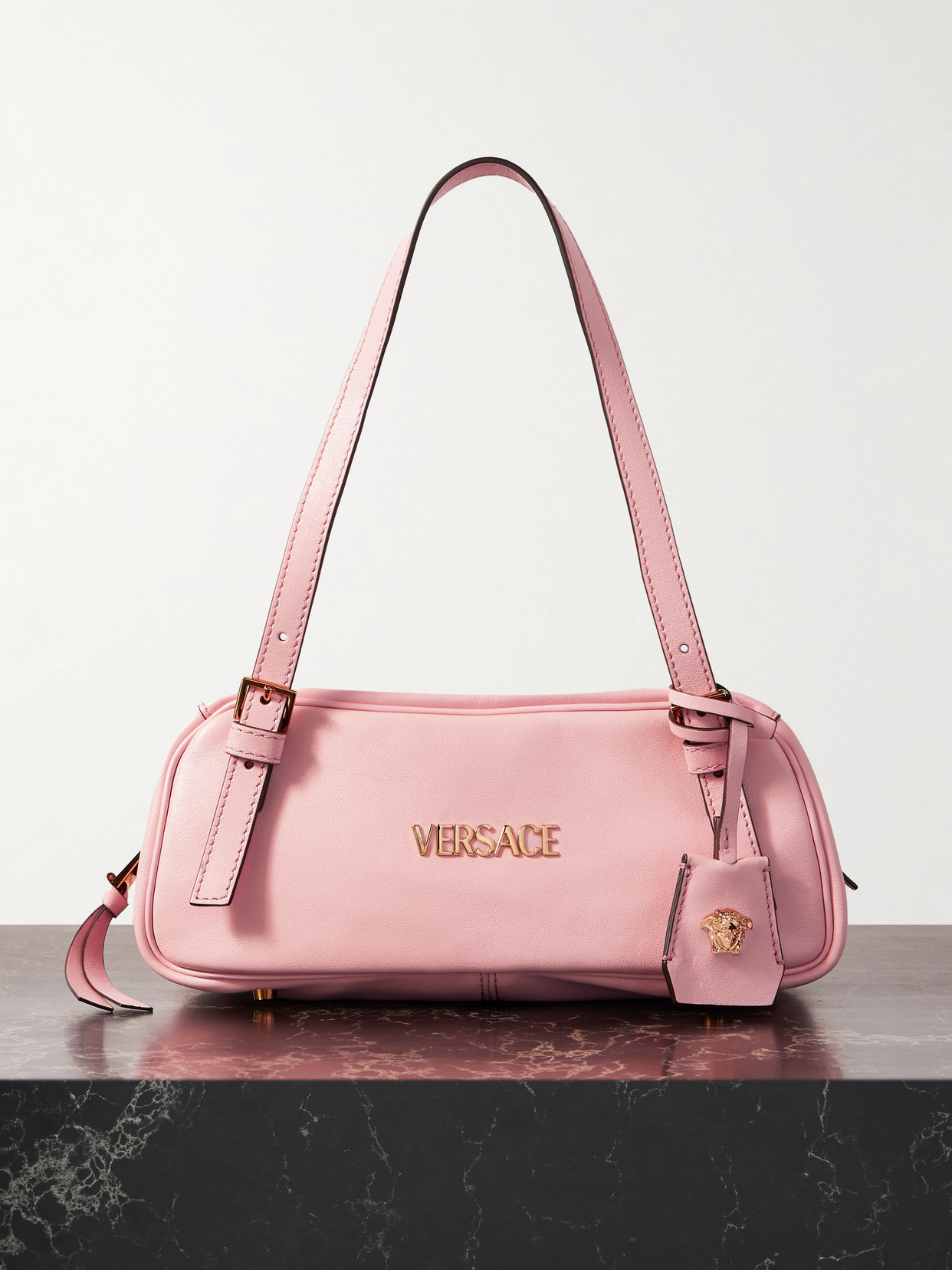 Versace Embellished Leather Shoulder Bag In Pink