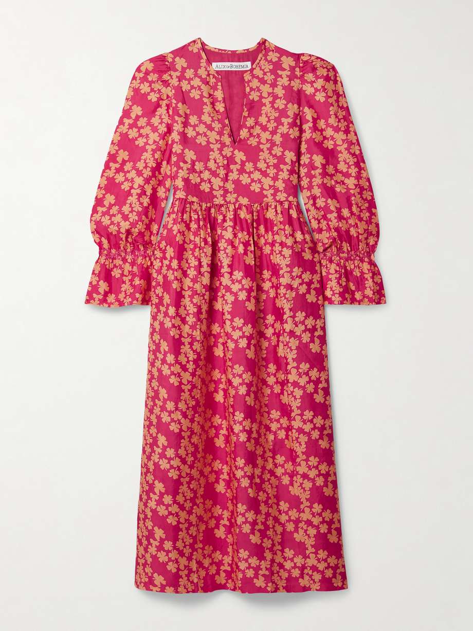 ines gathered printed silk midi dress