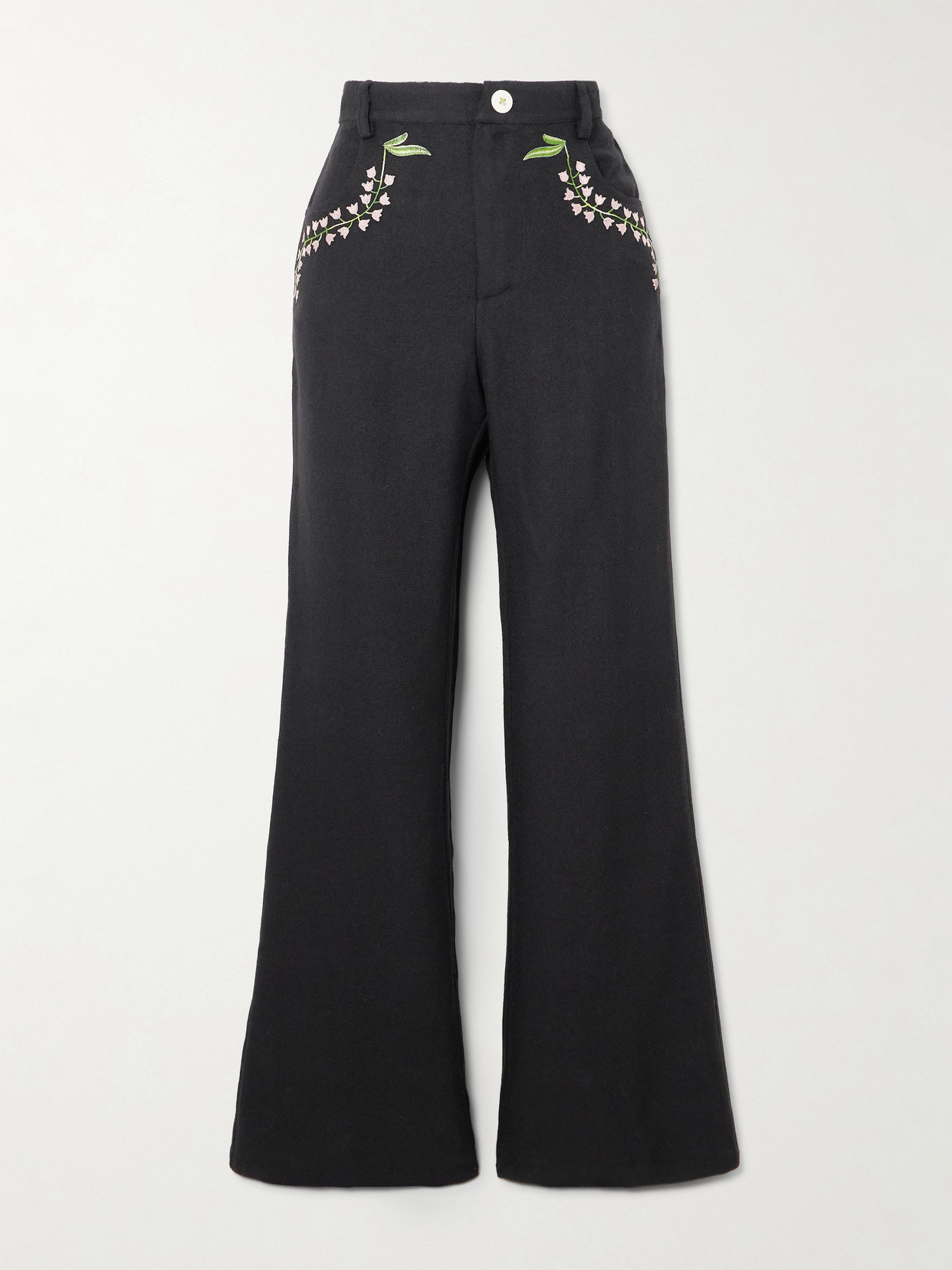 Alix Of Bohemia Bunny Embroidered Wool-twill Flared Trousers In Black