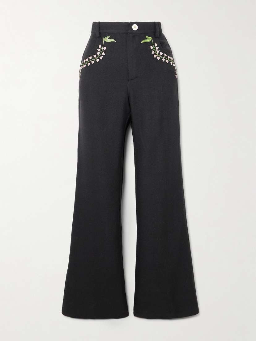 ALIX OF BOHEMIA Bunny Embroidered Wool-twill Flared Pants