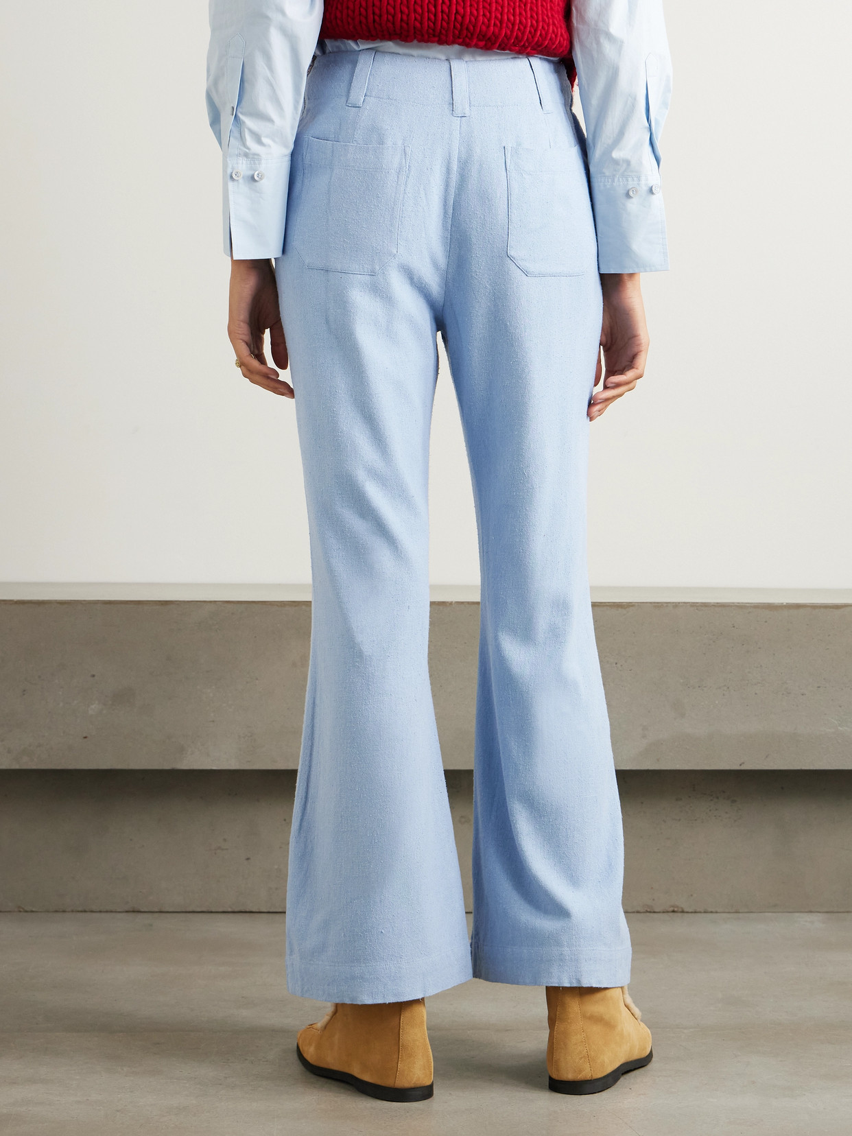 Alix Of Bohemia Charlie Embroidered Slubbed Silk Flared Pants In Blue