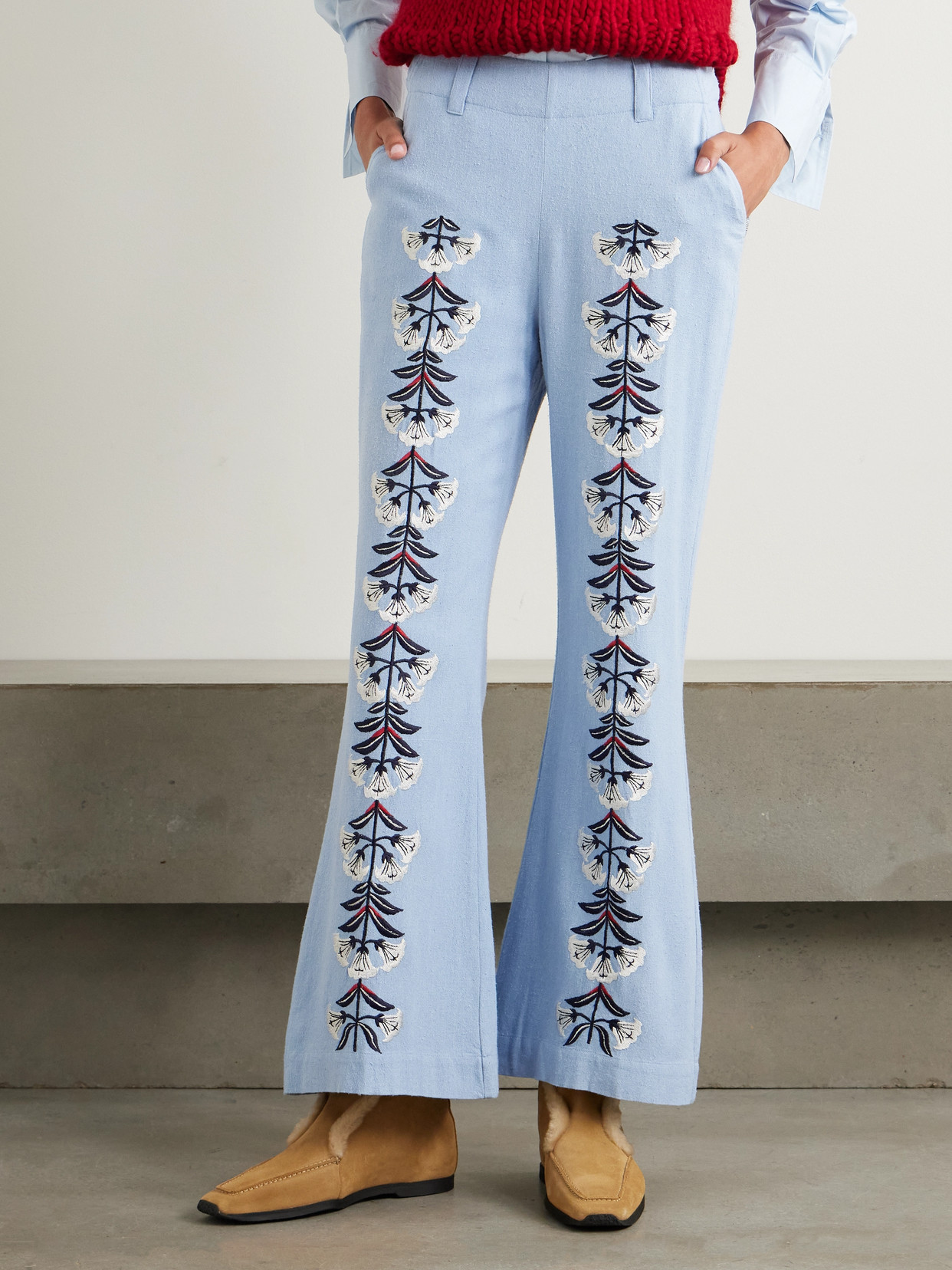 Alix Of Bohemia Charlie Embroidered Slubbed Silk Flared Pants In Blue