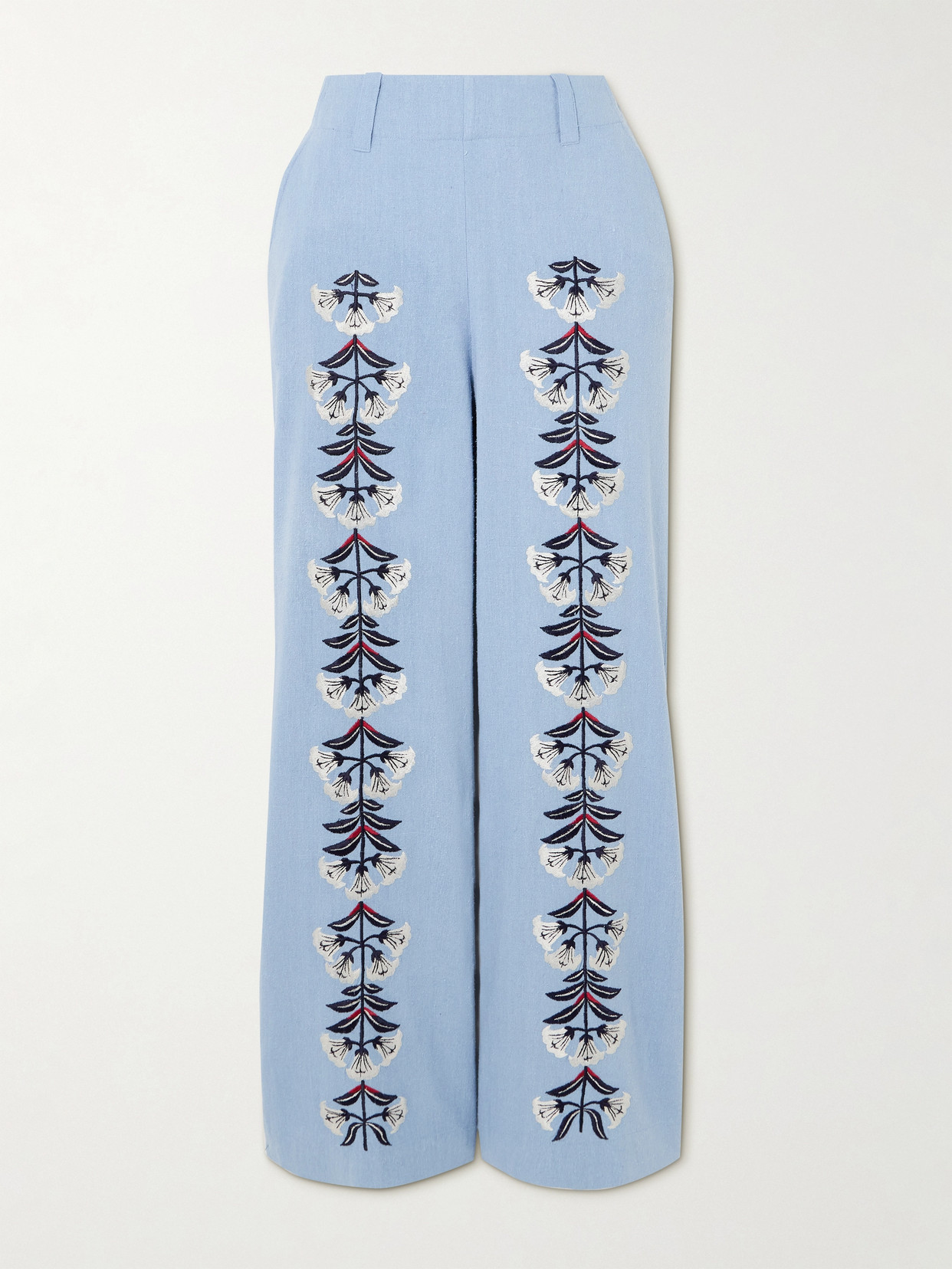 Alix Of Bohemia Charlie Embroidered Slubbed Silk Flared Trousers In Blue