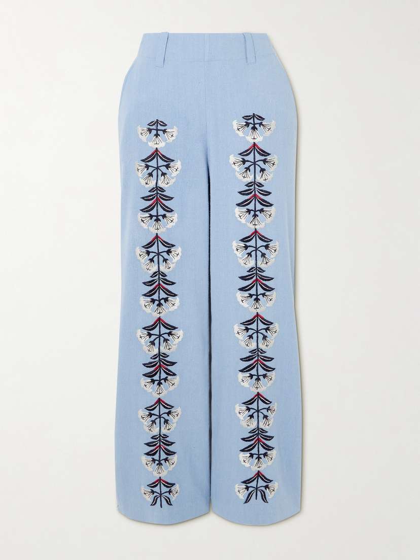 ALIX OF BOHEMIA Charlie Embroidered Slubbed Silk Flared Pants