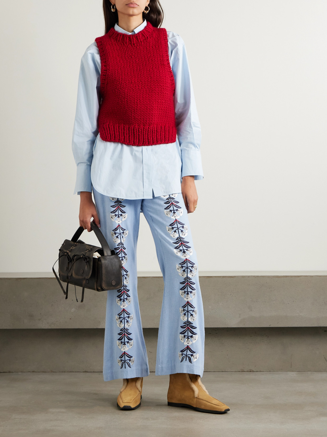 Alix Of Bohemia Charlie Embroidered Slubbed Silk Flared Pants In Blue