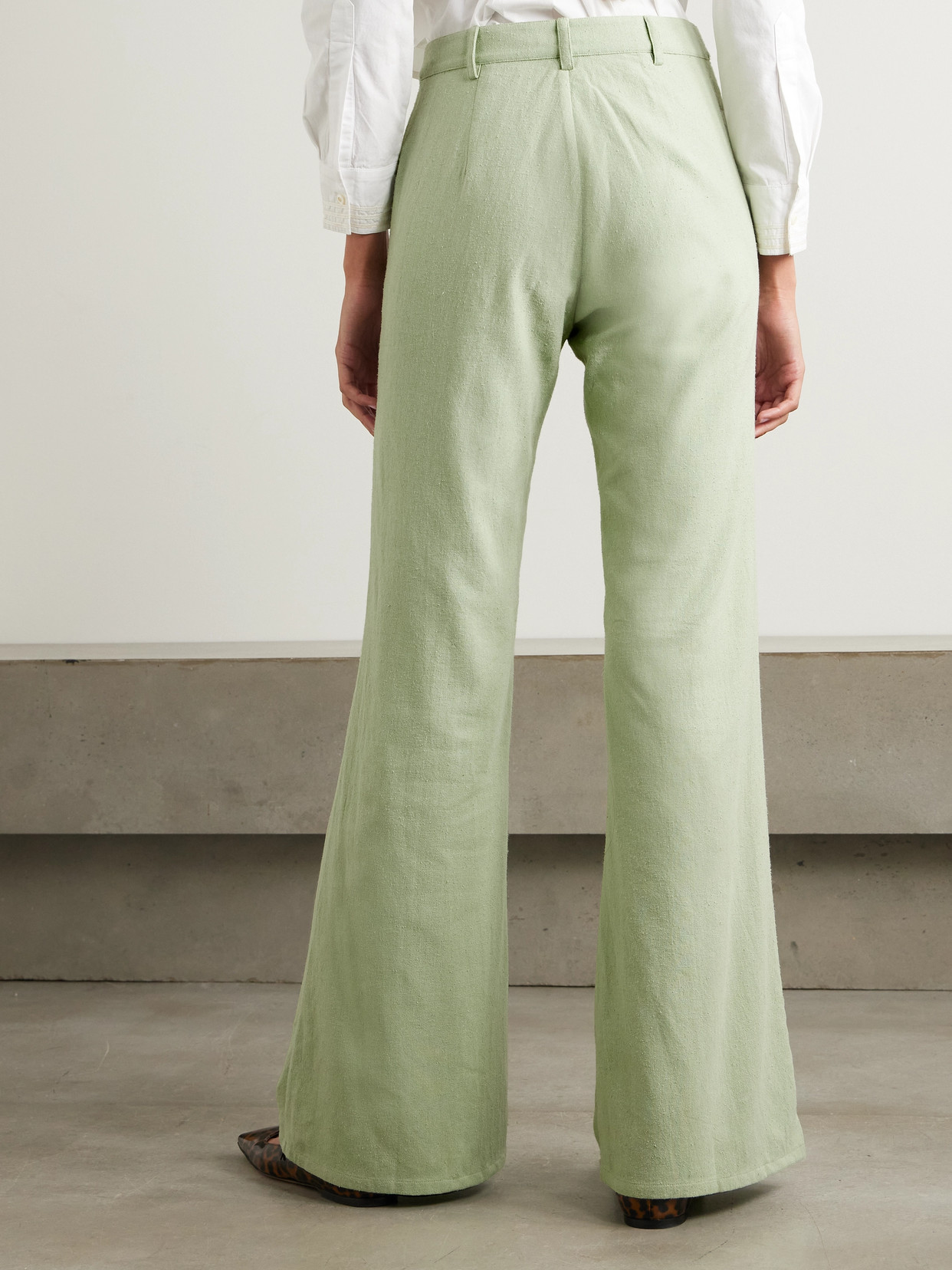 Alix Of Bohemia Charlie Embroidered Slubbed Silk Flared Pants In Green