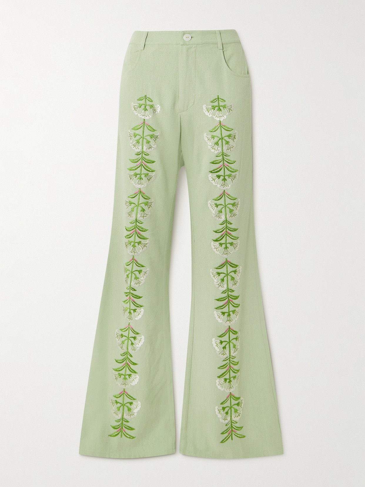 Alix Of Bohemia Charlie Embroidered Slubbed Silk Flared Trousers In Green