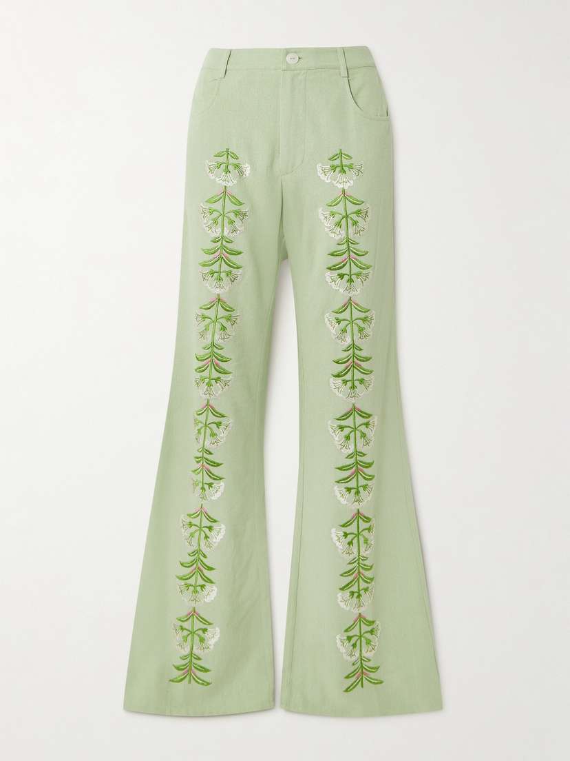 ALIX OF BOHEMIA Charlie Embroidered Slubbed Silk Flared Pants