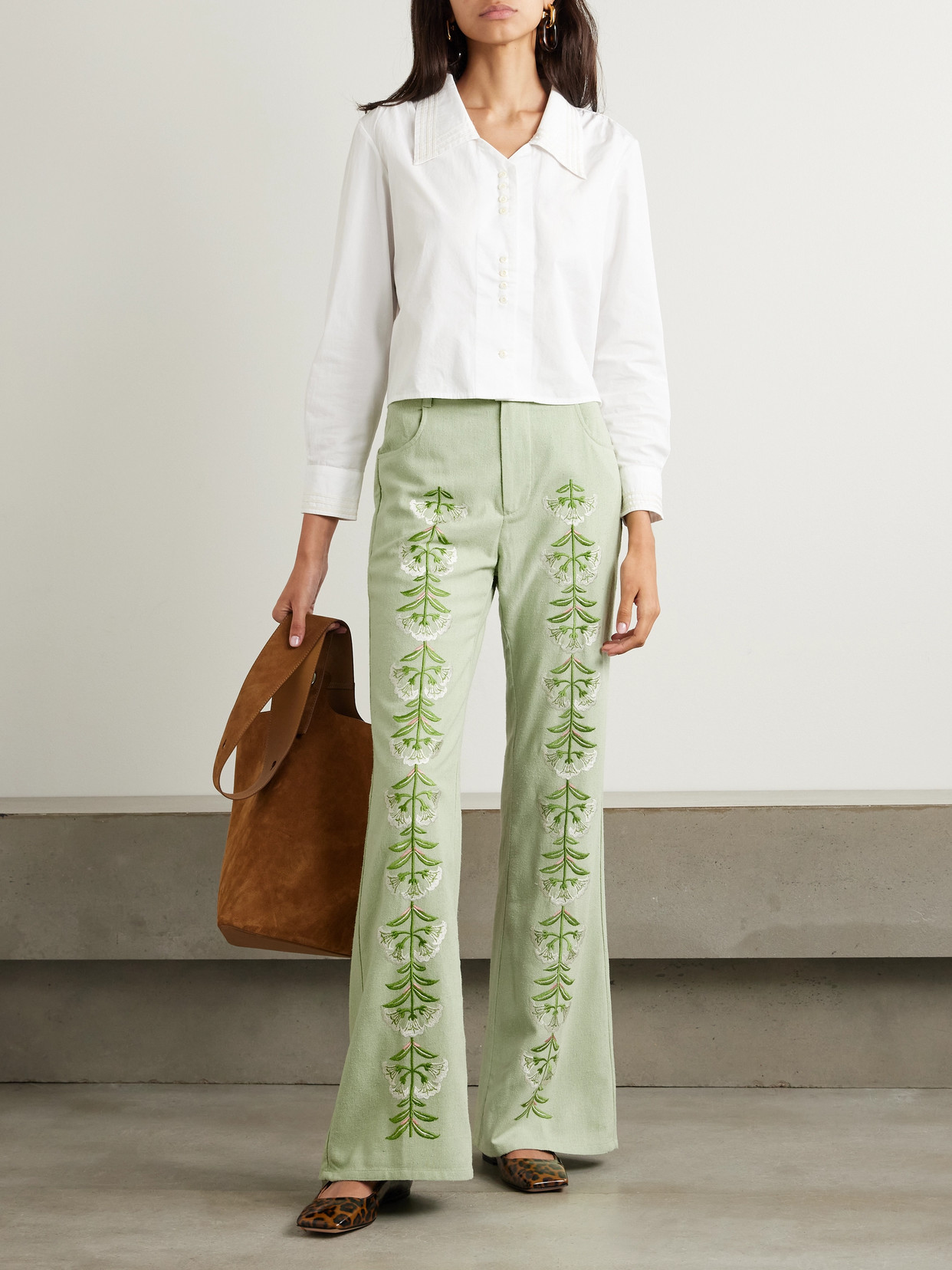Alix Of Bohemia Charlie Embroidered Slubbed Silk Flared Pants In Green