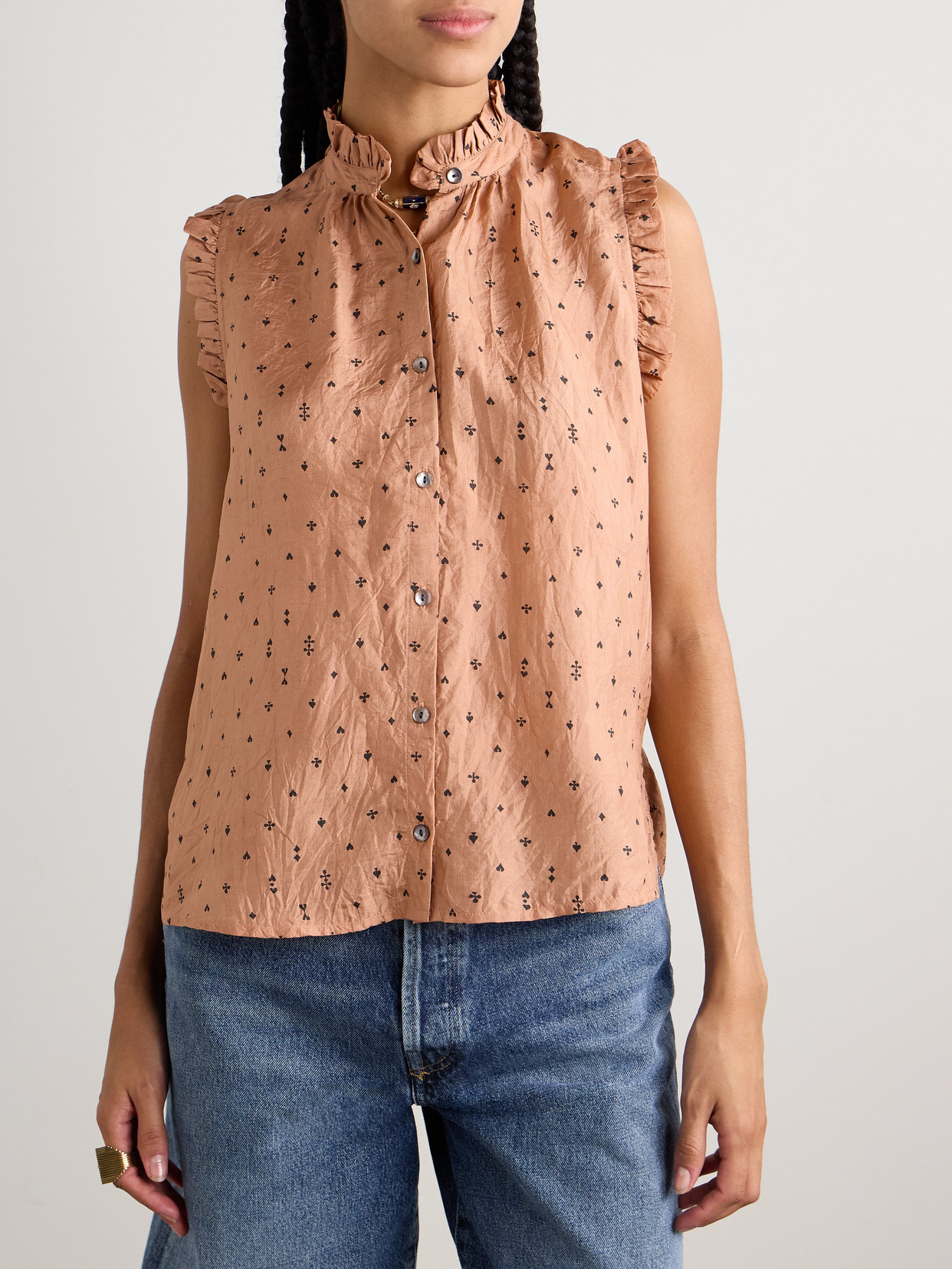 Alix Of Bohemia Wylder Ruffled Printed Crinkled-silk Tank In Neutrals