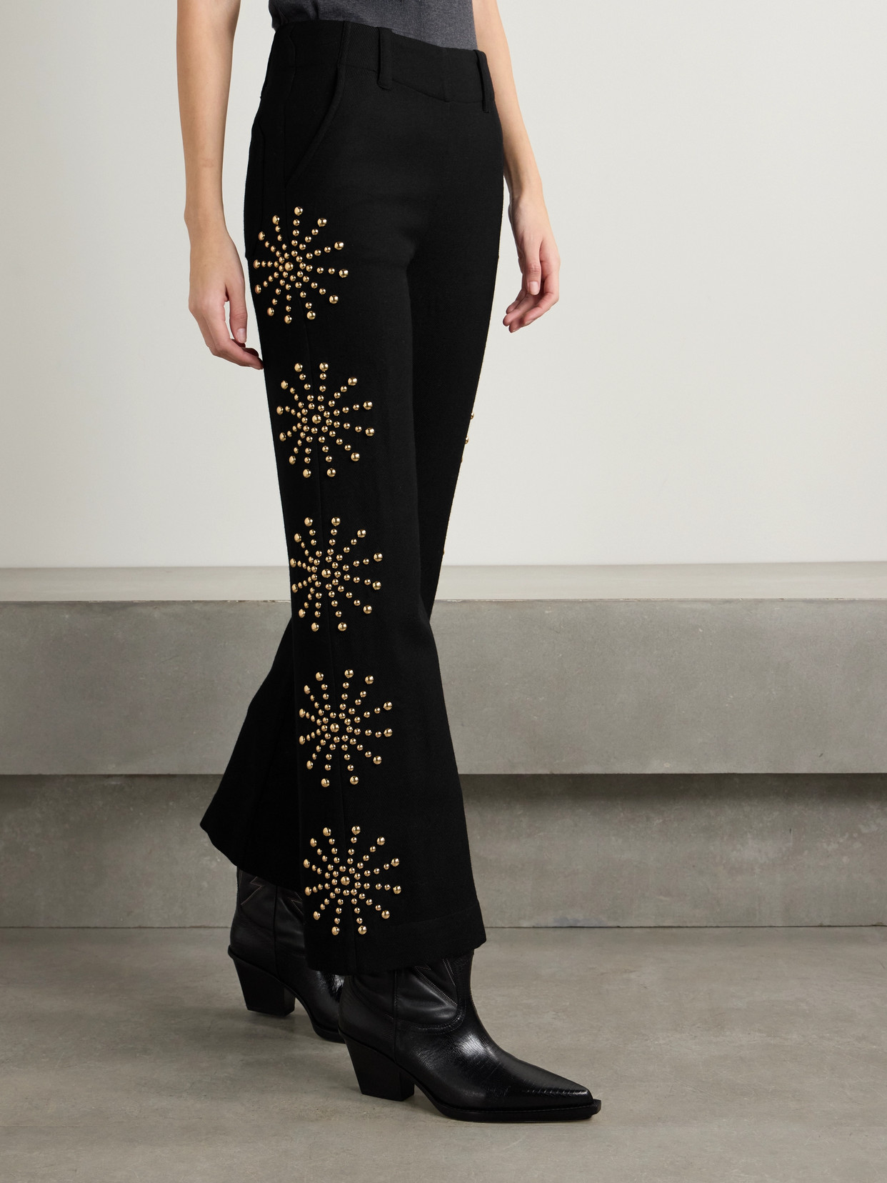 Alix Of Bohemia Charlie Casino Studded Wool-twill Flared Pants In Black