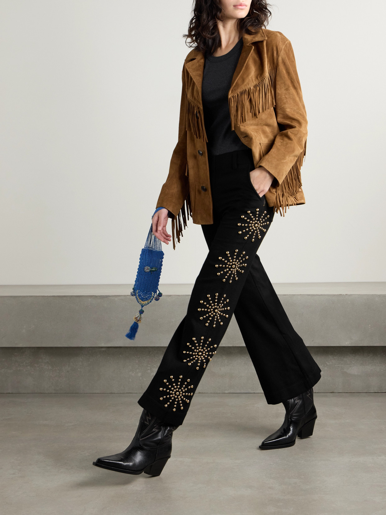 Alix Of Bohemia Charlie Casino Studded Wool-twill Flared Pants In Black