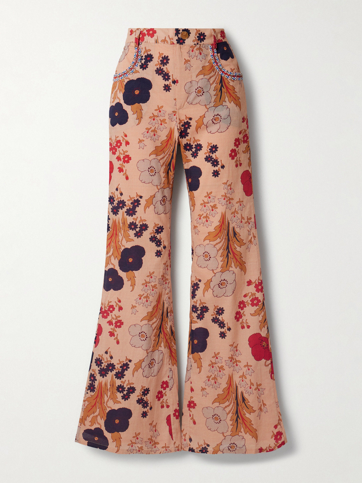 Alix Of Bohemia Bunny Bead-embellished Floral-print Cotton-voile Flared Trousers In Neutrals