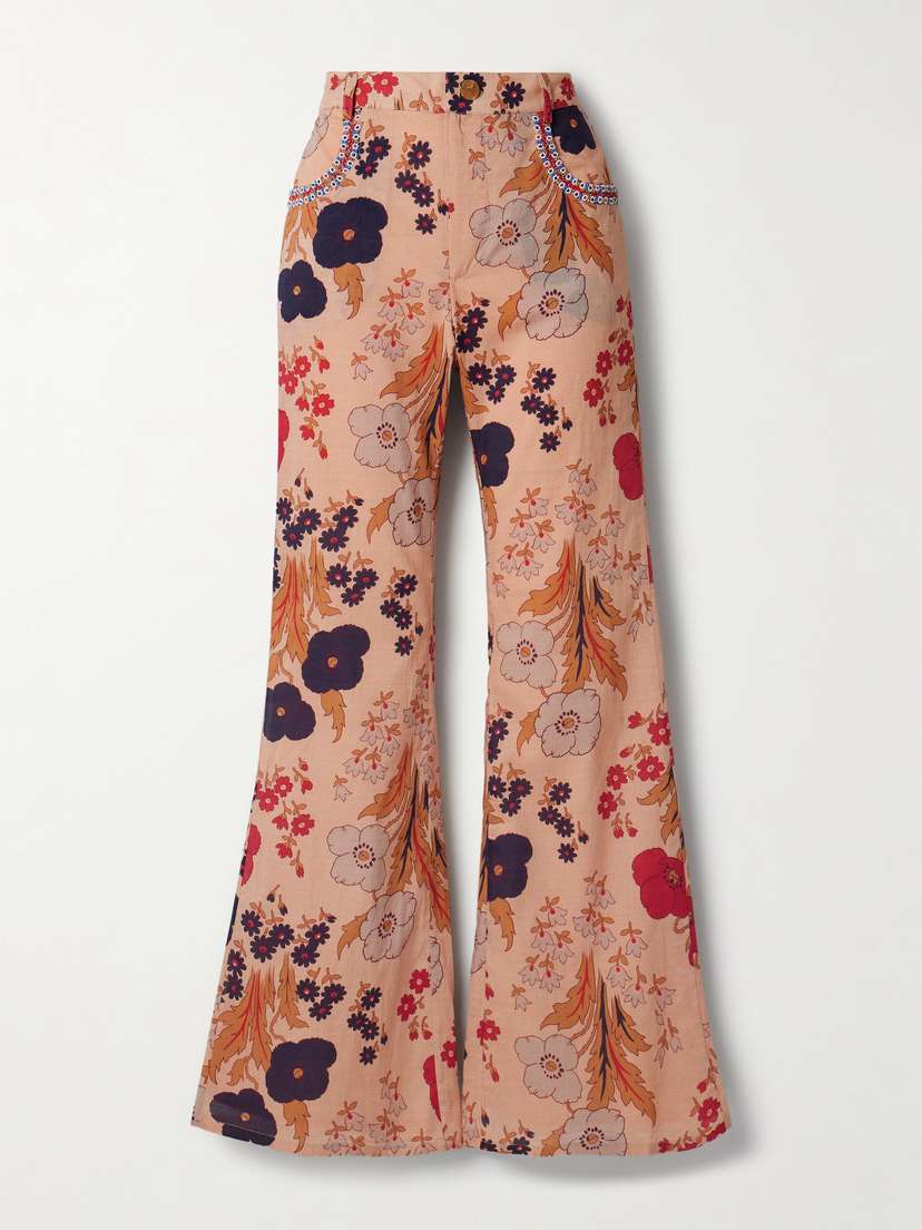 ALIX OF BOHEMIA Bunny Bead-embellished Floral-print Cotton-voile Flared Pants