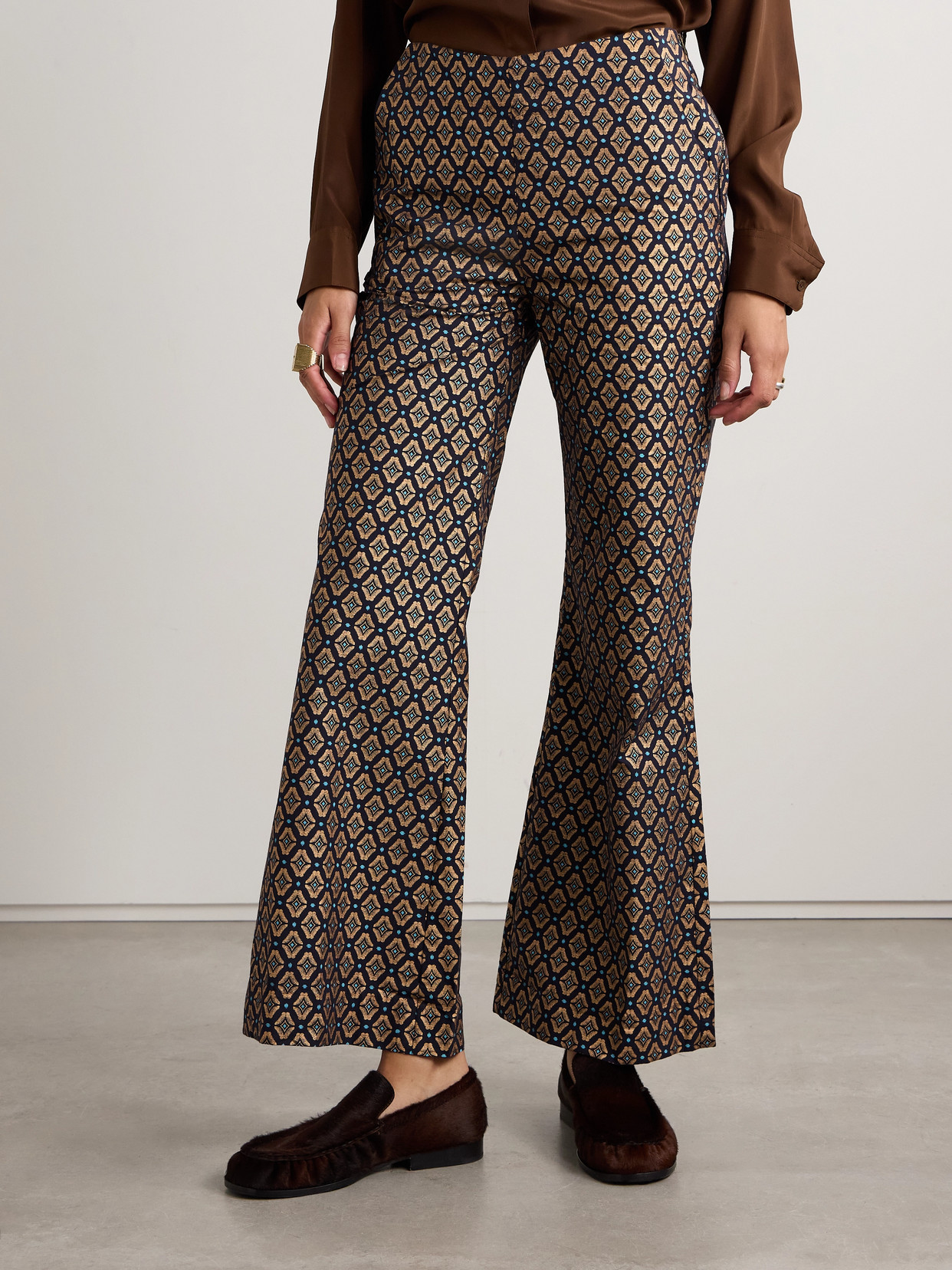 Alix Of Bohemia Charlie Metallic Printed Cotton Flared Pants In Brown