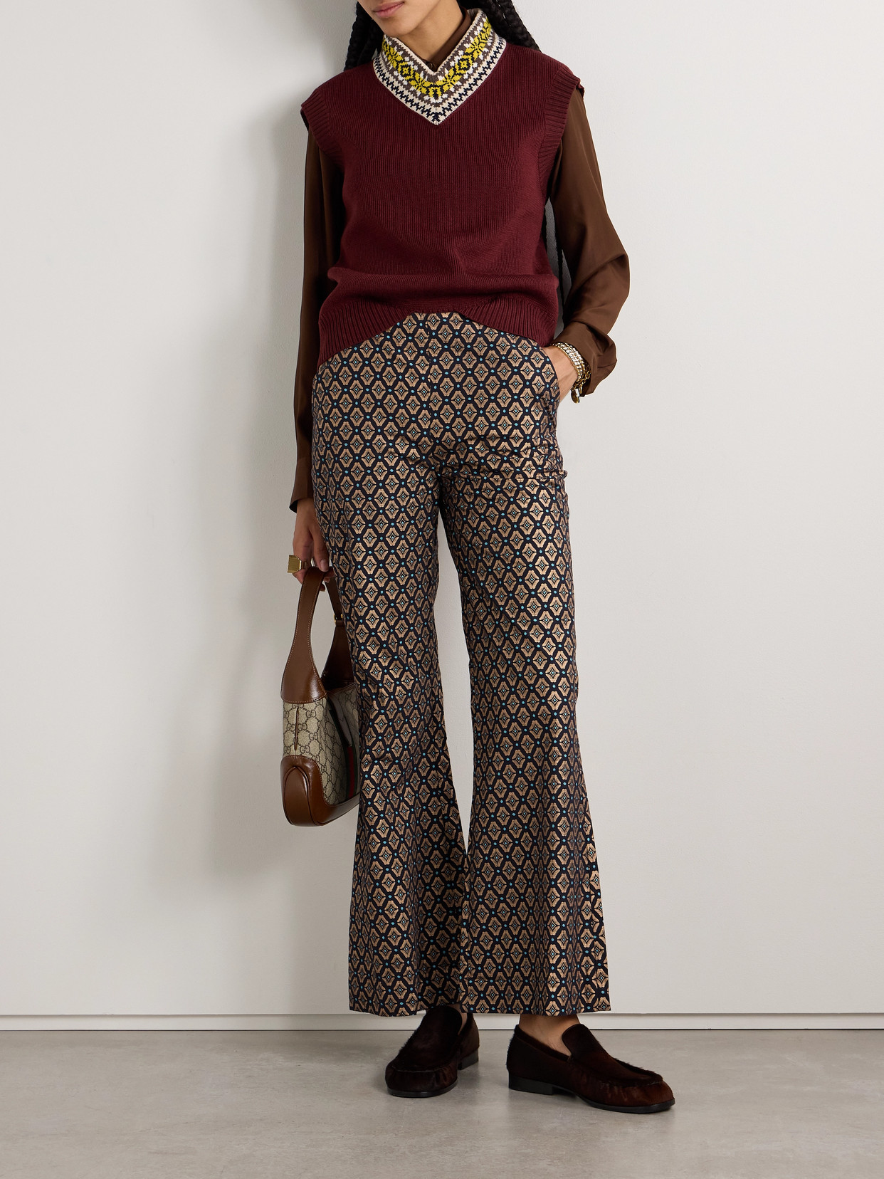 Alix Of Bohemia Charlie Metallic Printed Cotton Flared Pants In Brown