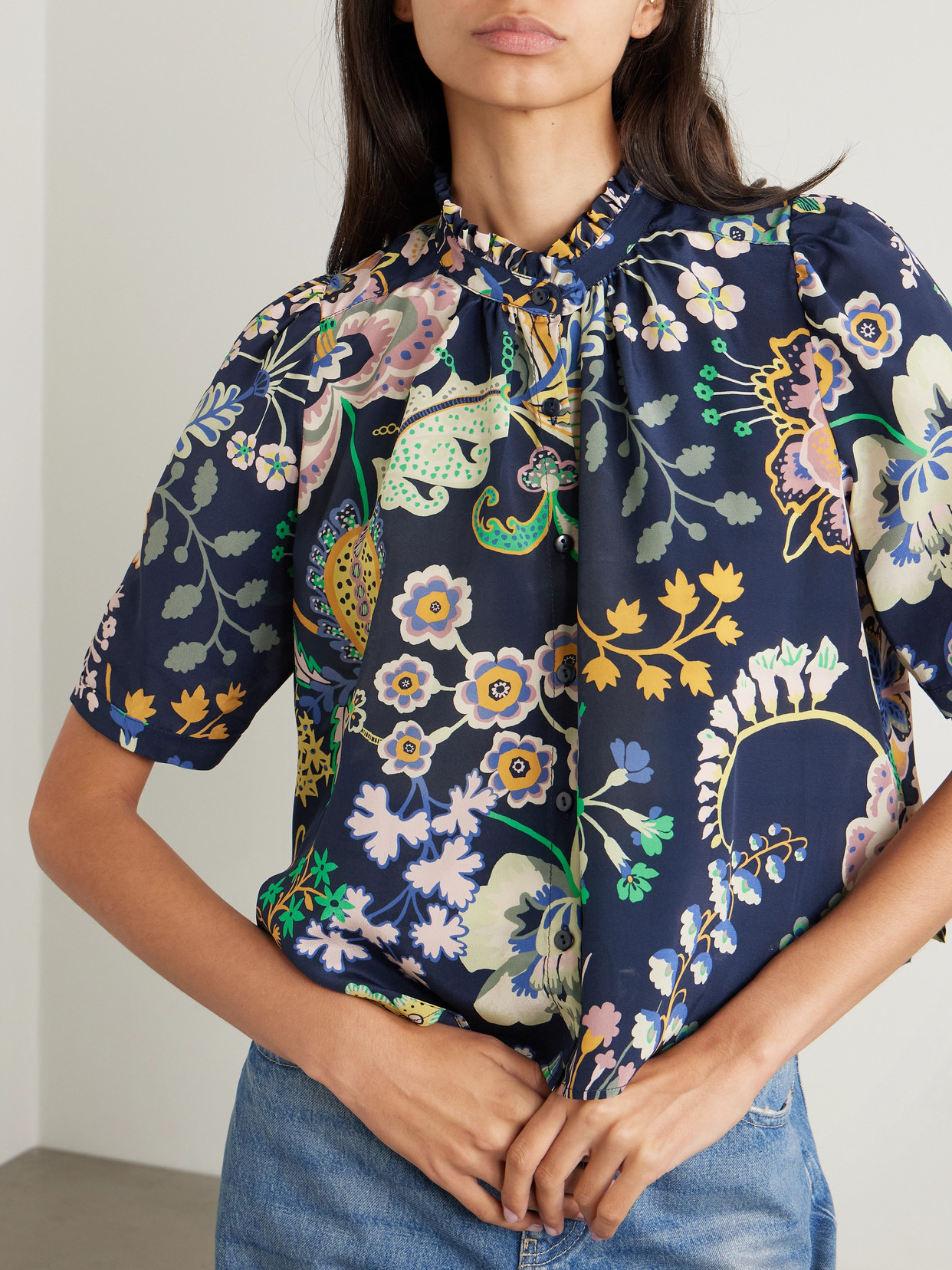 Winn Cropped Printed Silk Crepe De Chine Shirt