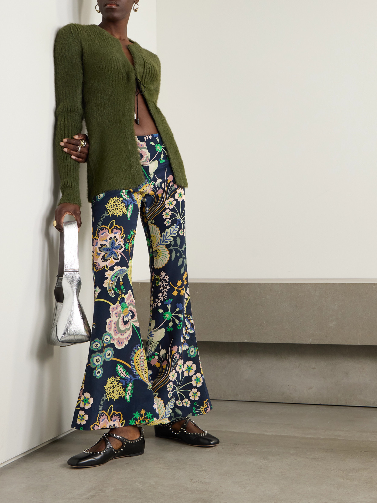 Alix Of Bohemia Farah Printed Silk Crepe De Chine Flared Pants In Blue