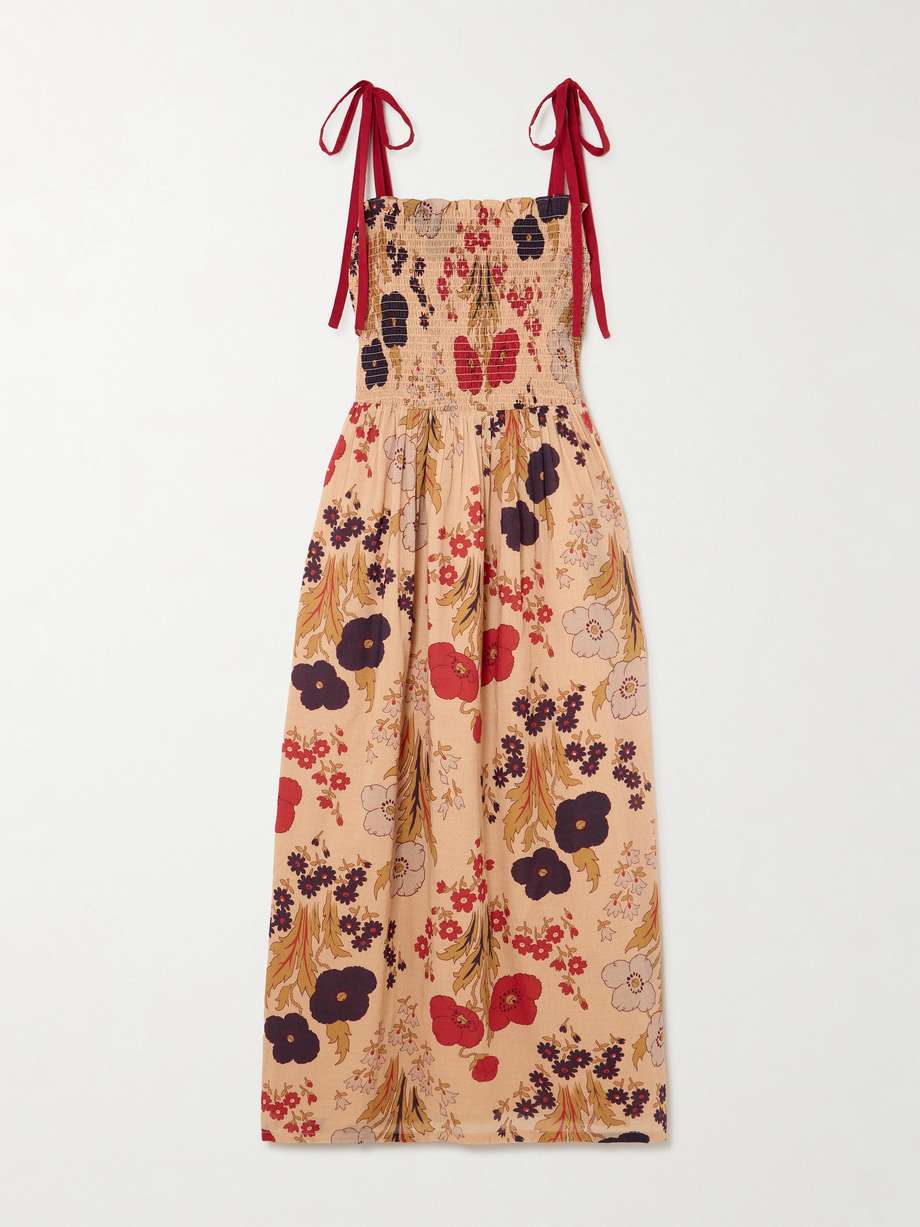 kaia vintage poppy shirred floral-print cotton midi dress