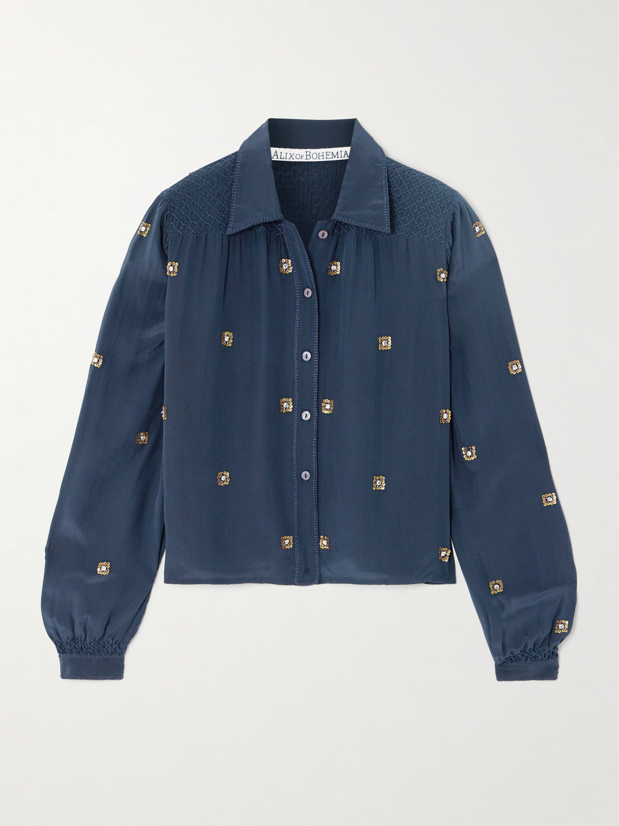 Alix Of Bohemia Priscilla Casino Night Embellished Smocked Silk Shirt In Blue