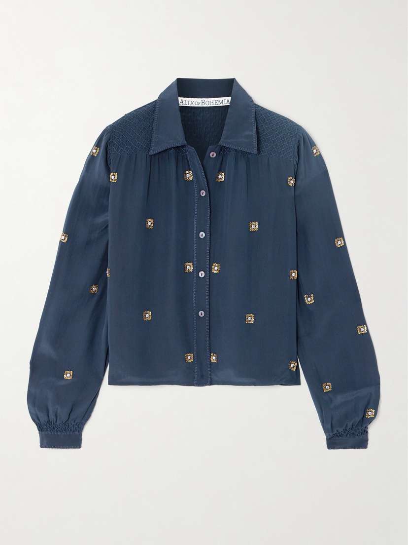 ALIX OF BOHEMIA Priscilla Casino Night Embellished Smocked Silk Shirt