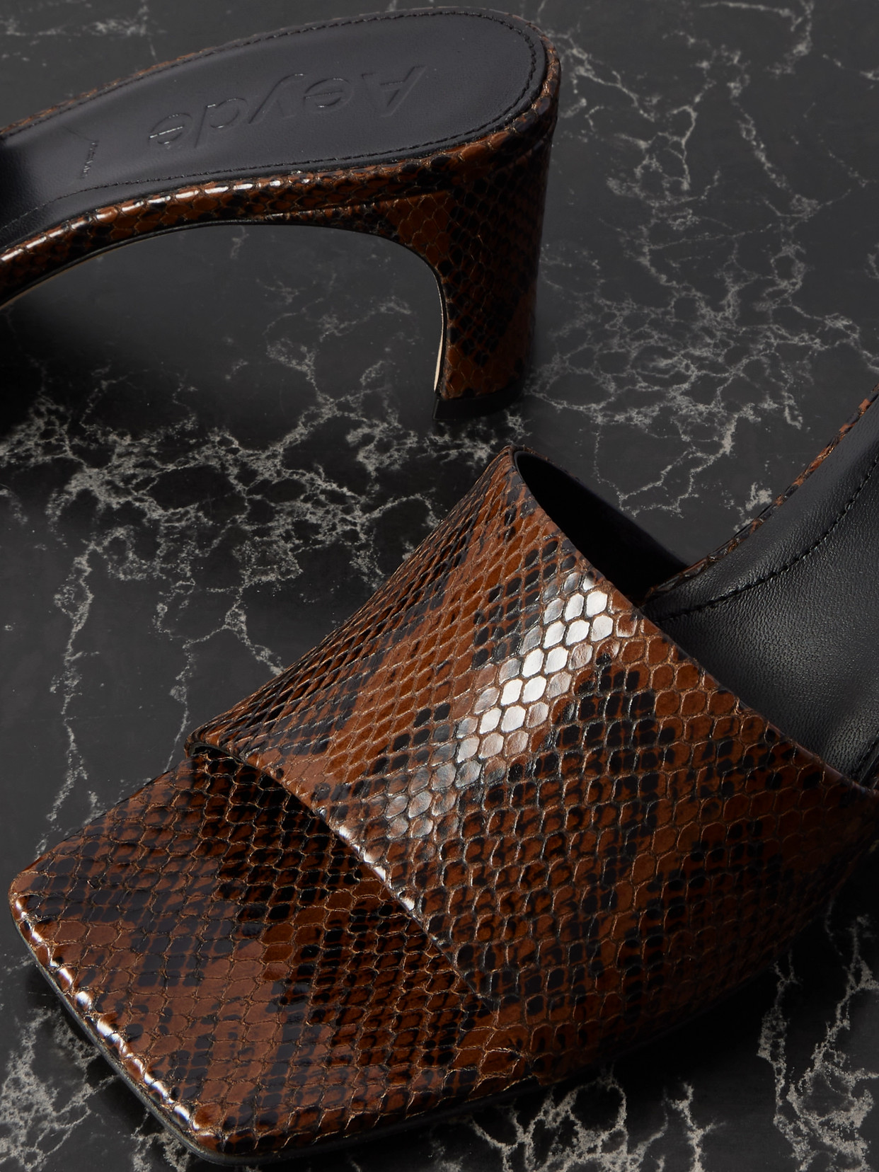 Shop Aeyde Jeanie Snake-effect Leather Mules In Brown