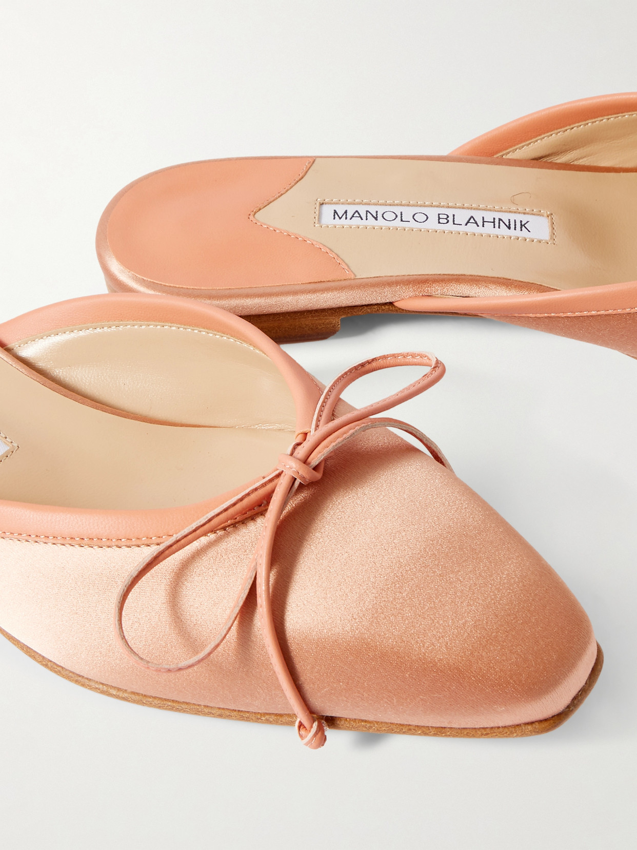 Manolo Blahnik Ballerimu Bow-detailed Leather-trimmed Satin Mules In Neutrals