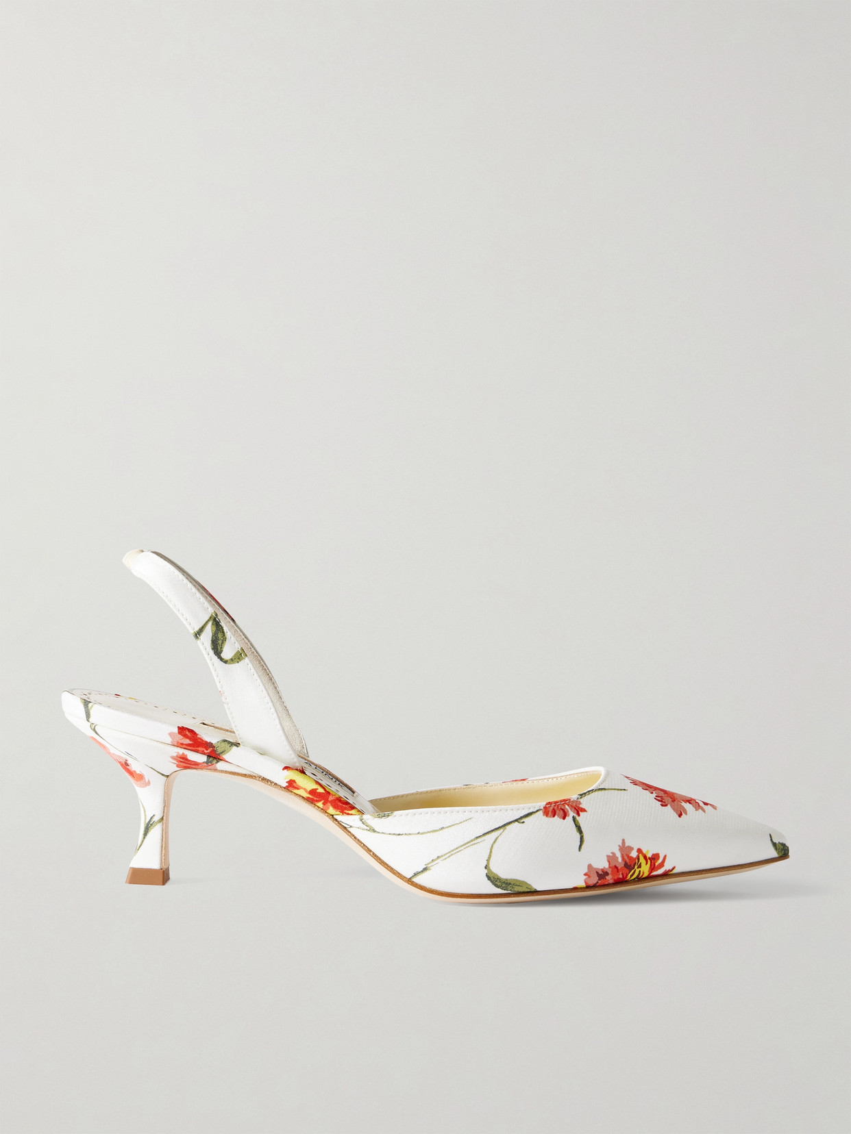 Manolo Blahnik Carolyne 50 Floral-print Satin Slingback Pumps In White