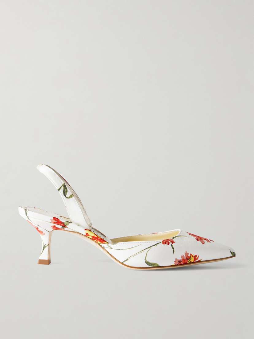 Manolo Blahnik Carolyne 50 Floral-print Satin Slingback Pumps