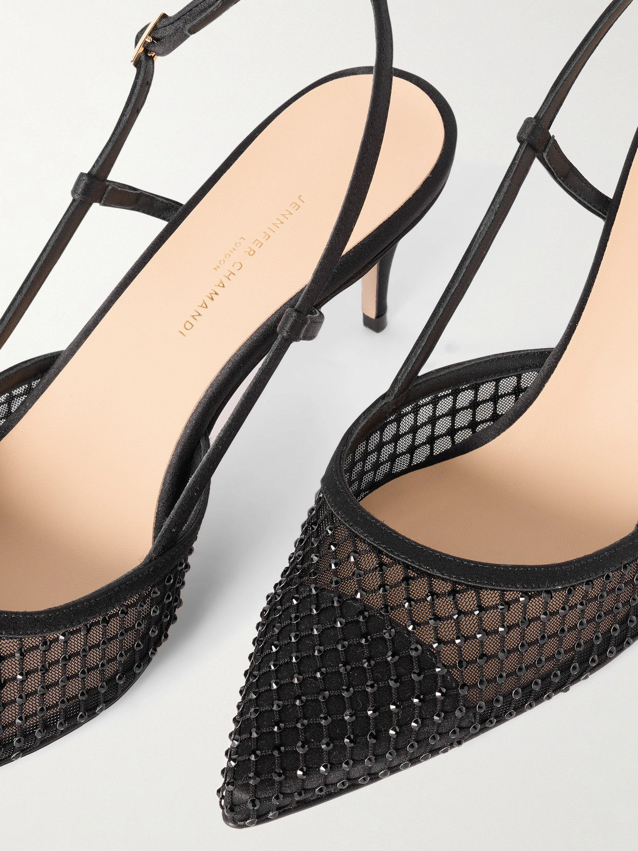 Jennifer Chamandi Mario 65 Satin-trimmed Crystal-embellished Mesh Slingback Pumps In Black