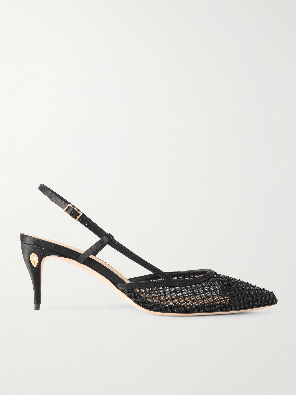 Jennifer Chamandi Mario 65 Satin-trimmed Crystal-embellished Mesh Slingback Pumps In Black
