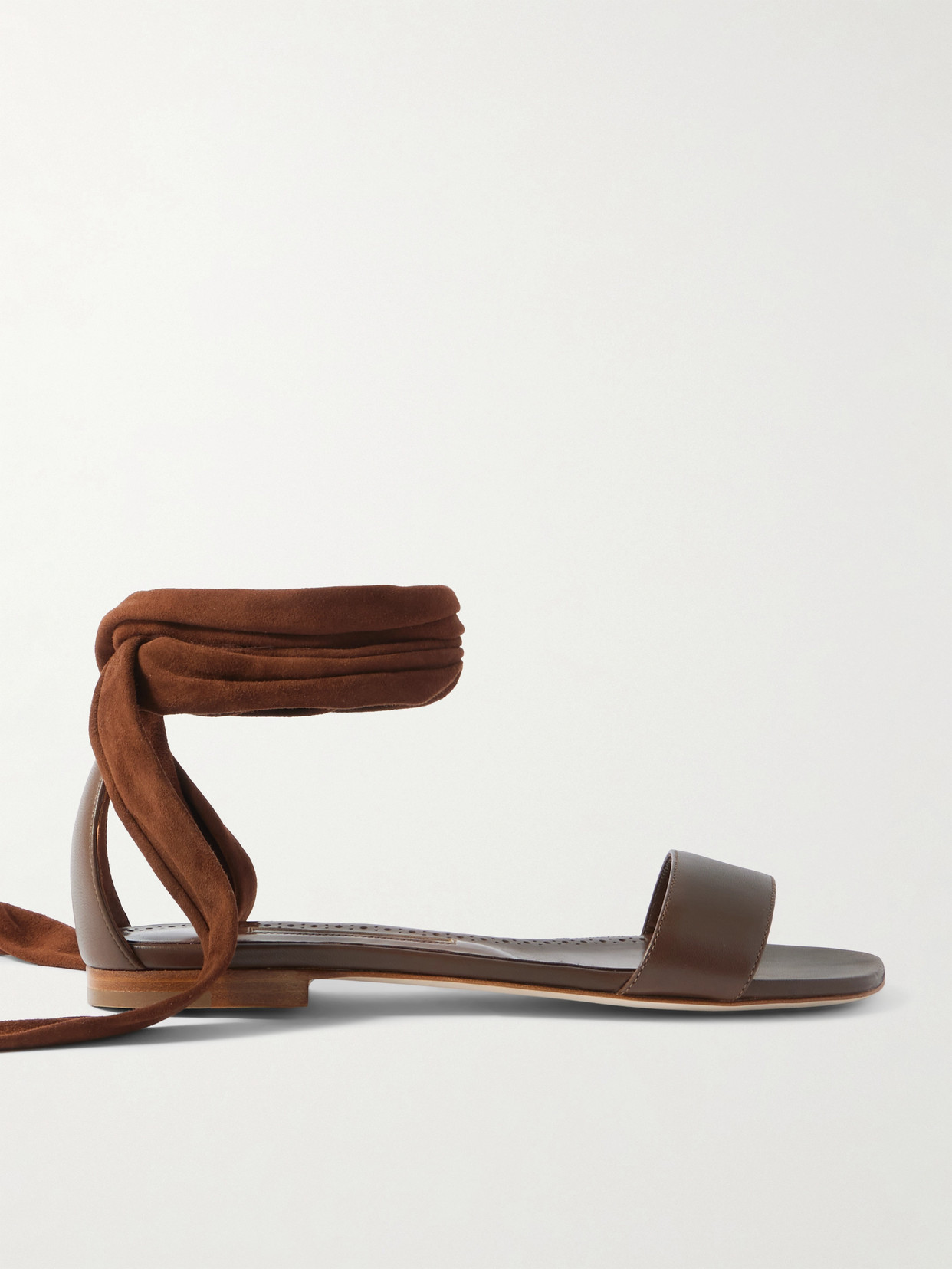 Manolo Blahnik Chastanaflat Lace-up Suede And Leather Sandals In Brown