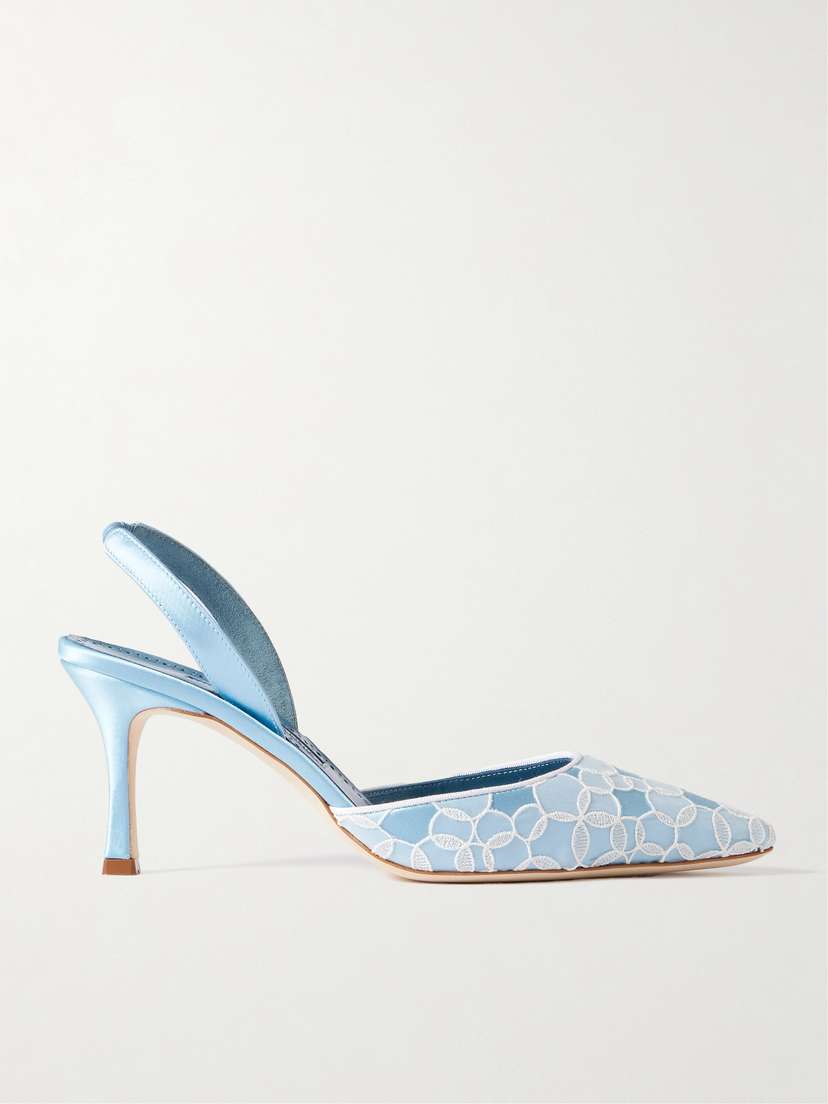 Manolo Blahnik Carolyne 70 Satin And Lace Slingback Pumps