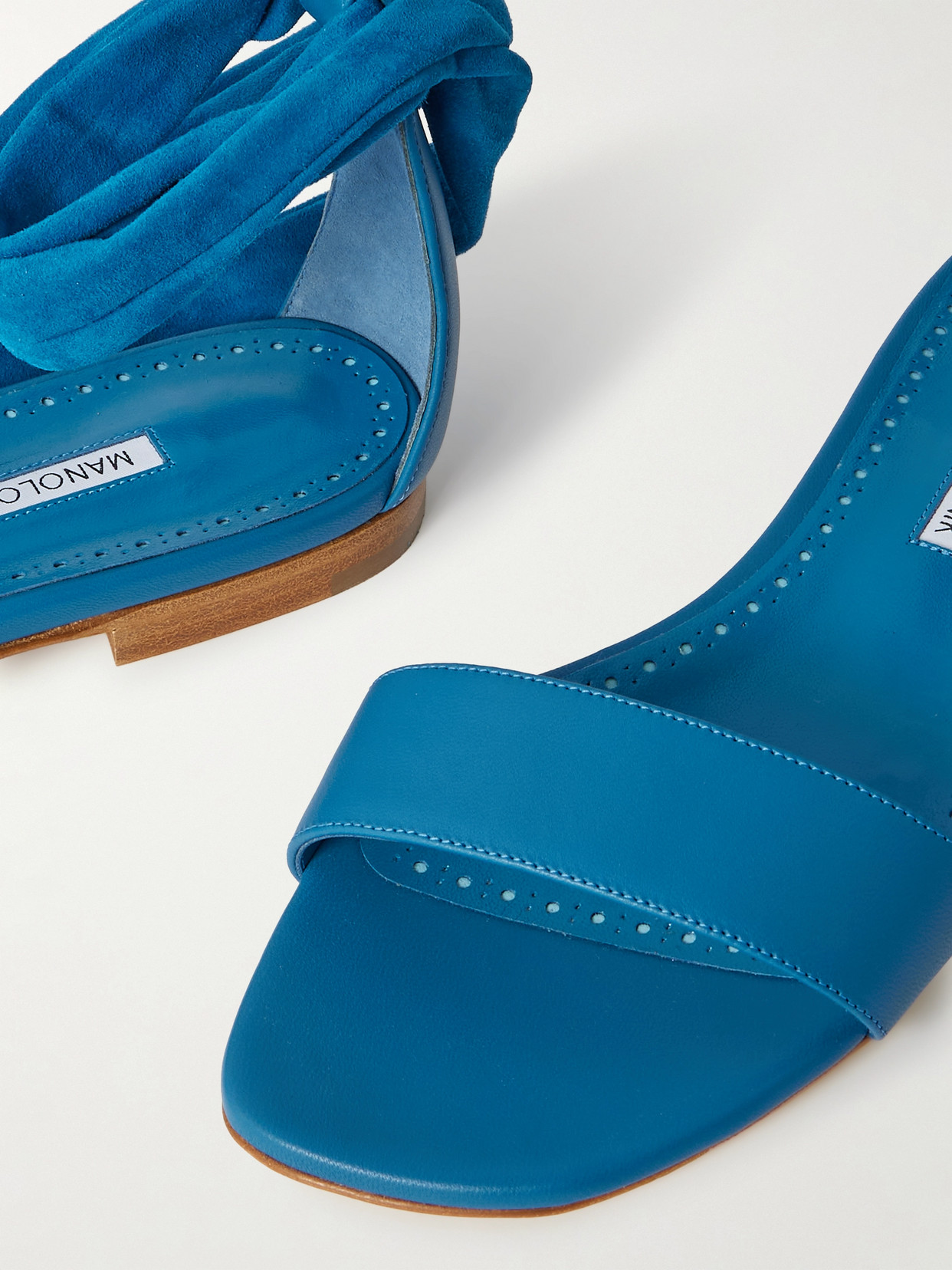 Manolo Blahnik Chastanaflat Lace-up Suede And Leather Sandals In Blue