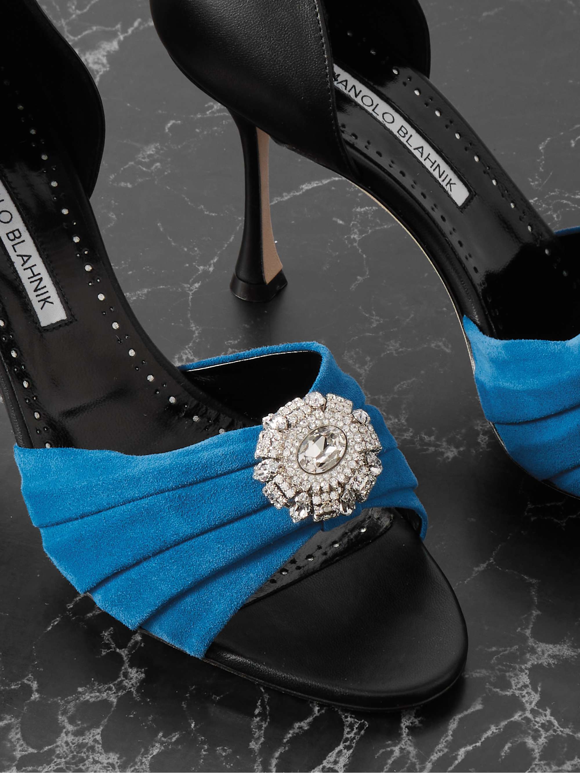 MANOLO BLAHNIK Ansak 90 crystal-embellished pleated suede MANOLO BLAHNIK Ansak 90 crystal-embellished pleated suede