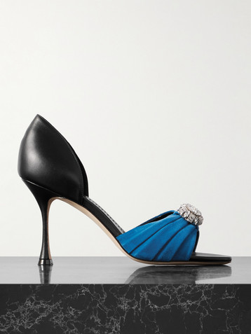 MANOLO BLAHNIK Ansak 90 crystal-embellished pleated suede and leather pumps