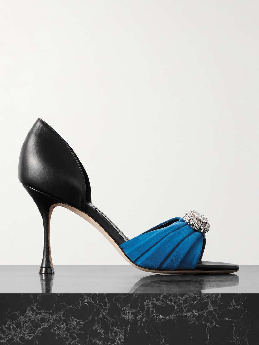 Manolo Blahnik Ansak 90 Crystal-embellished Pleated Suede And Leather Pumps