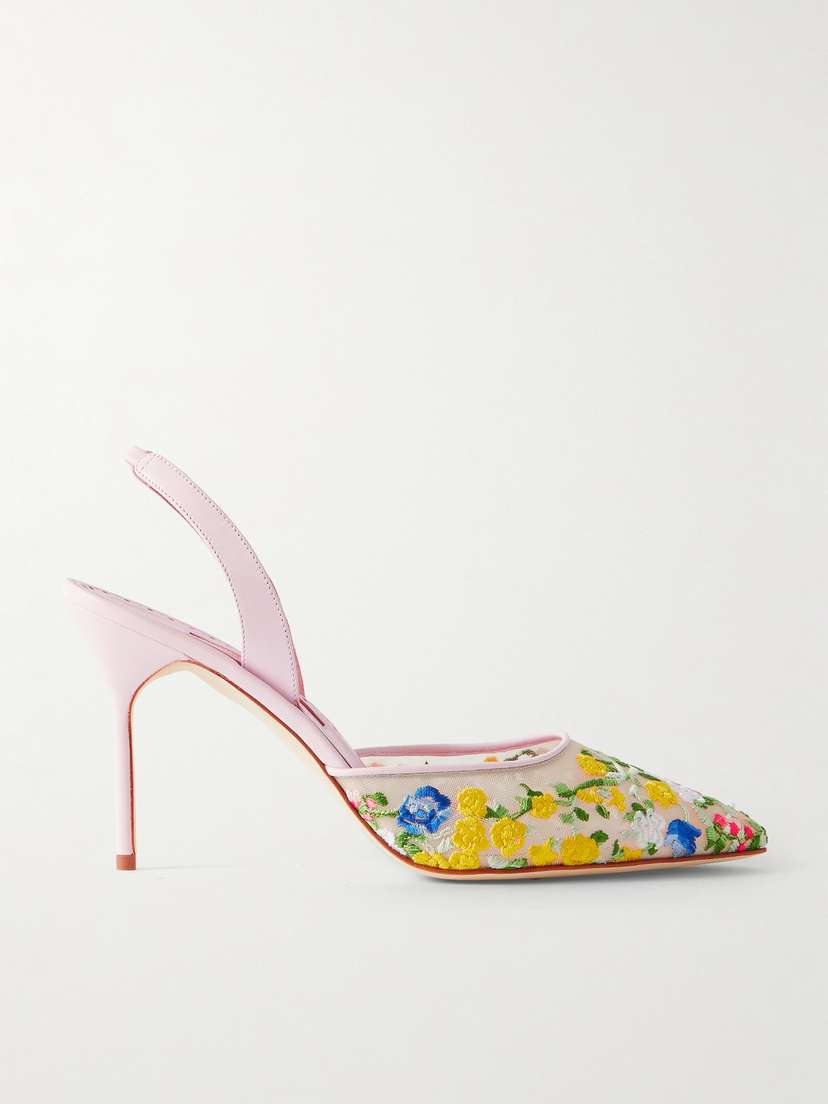 Manolo Blahnik Jardoline 90 Leather-trimmed Embroidered Mesh Slingback Pumps