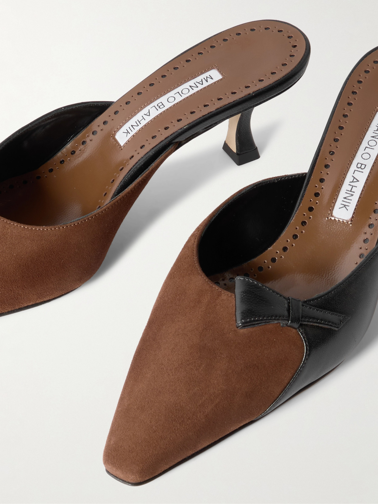 Manolo Blahnik Limormu 50 Bow-detailed Two-tone Leather And Suede Mules In Brown