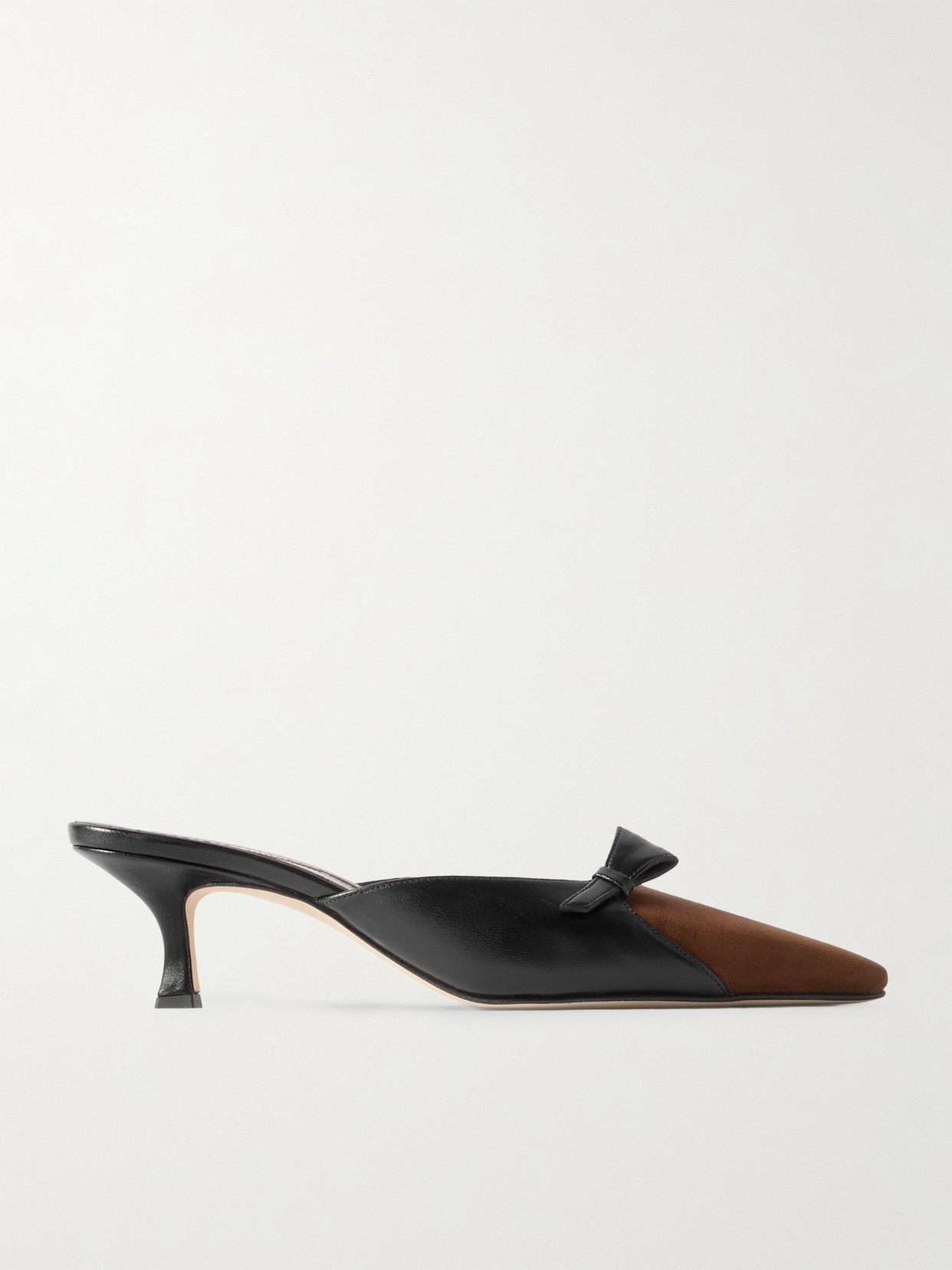 Manolo Blahnik Limormu 50 Bow-detailed Two-tone Leather And Suede Mules In Brown