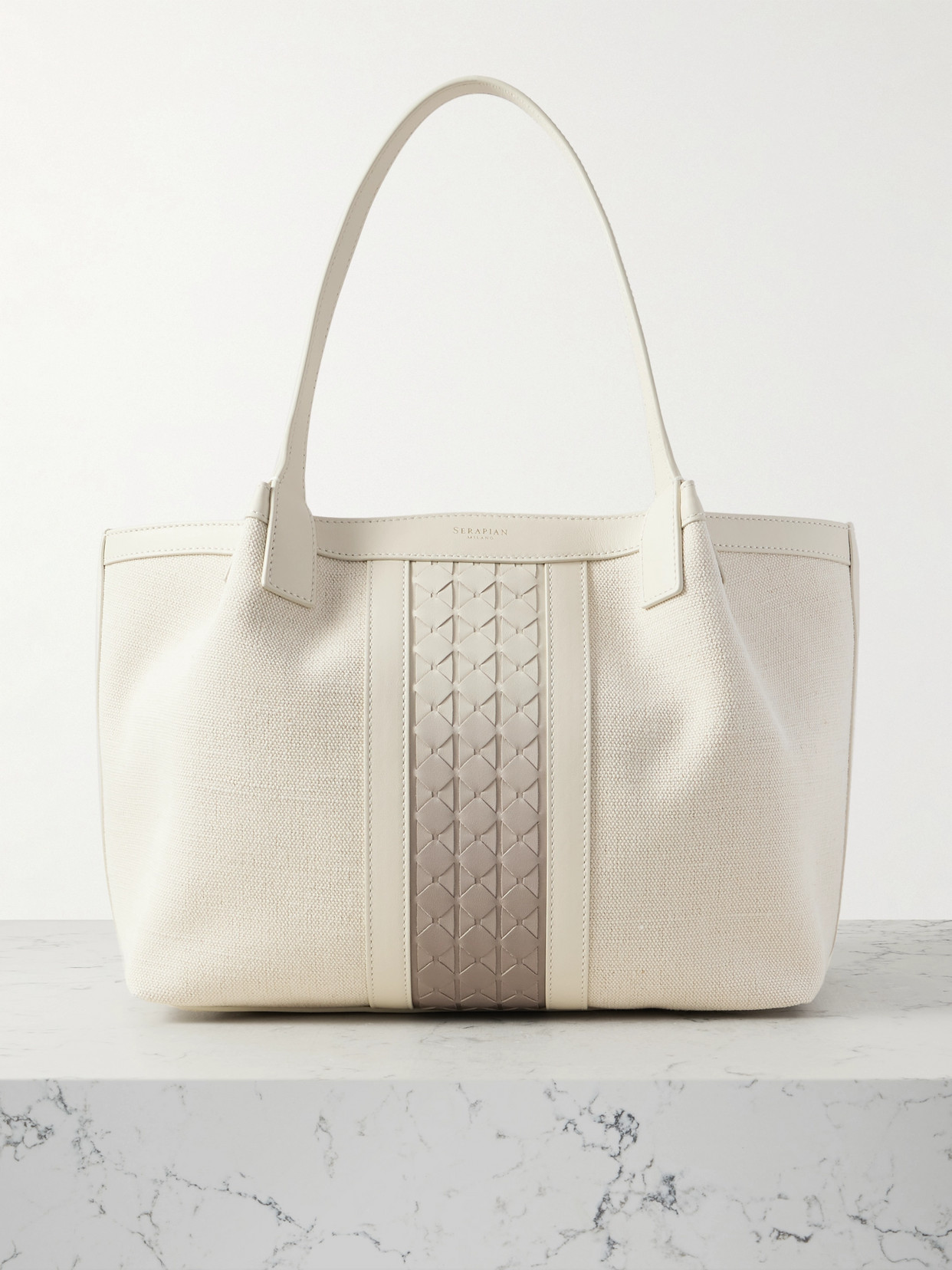 Serapian Secret Small Leather-trimmed Canvas Tote In Off-white