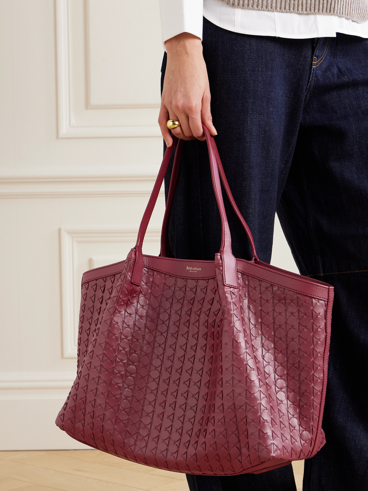 Serapian Secret Large Woven Leather Tote In Red