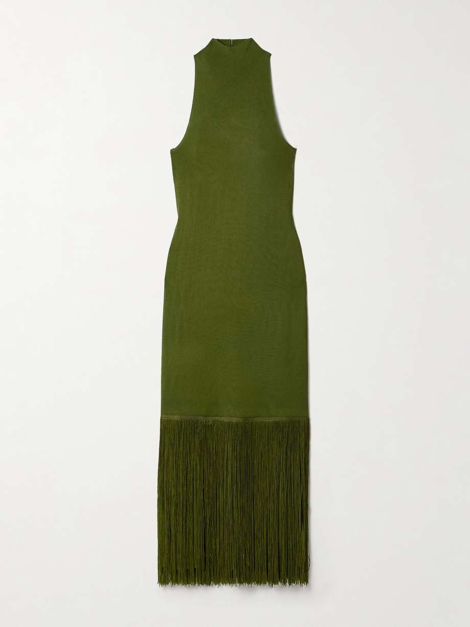 cash fringed stretch-knit turtleneck midi dress